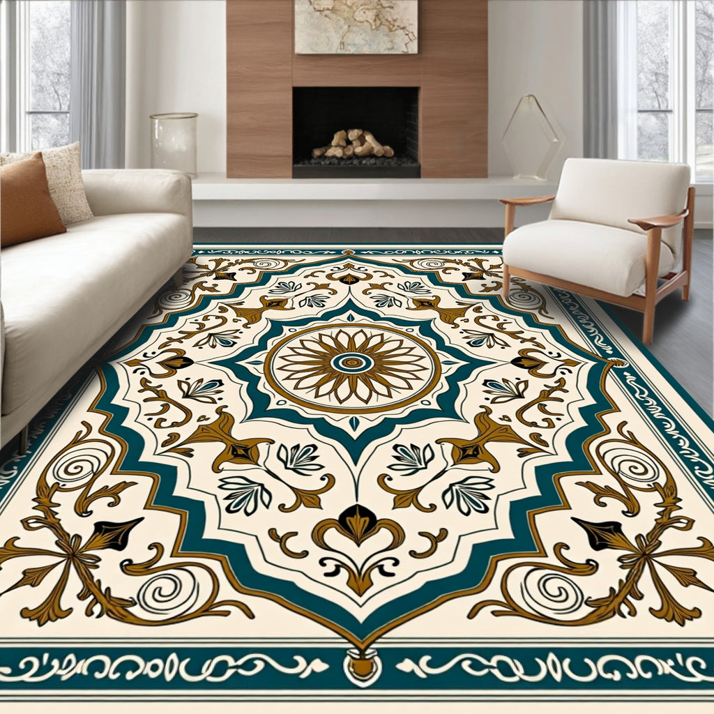 Elegant Teal And Gold Floral Medallion Rug