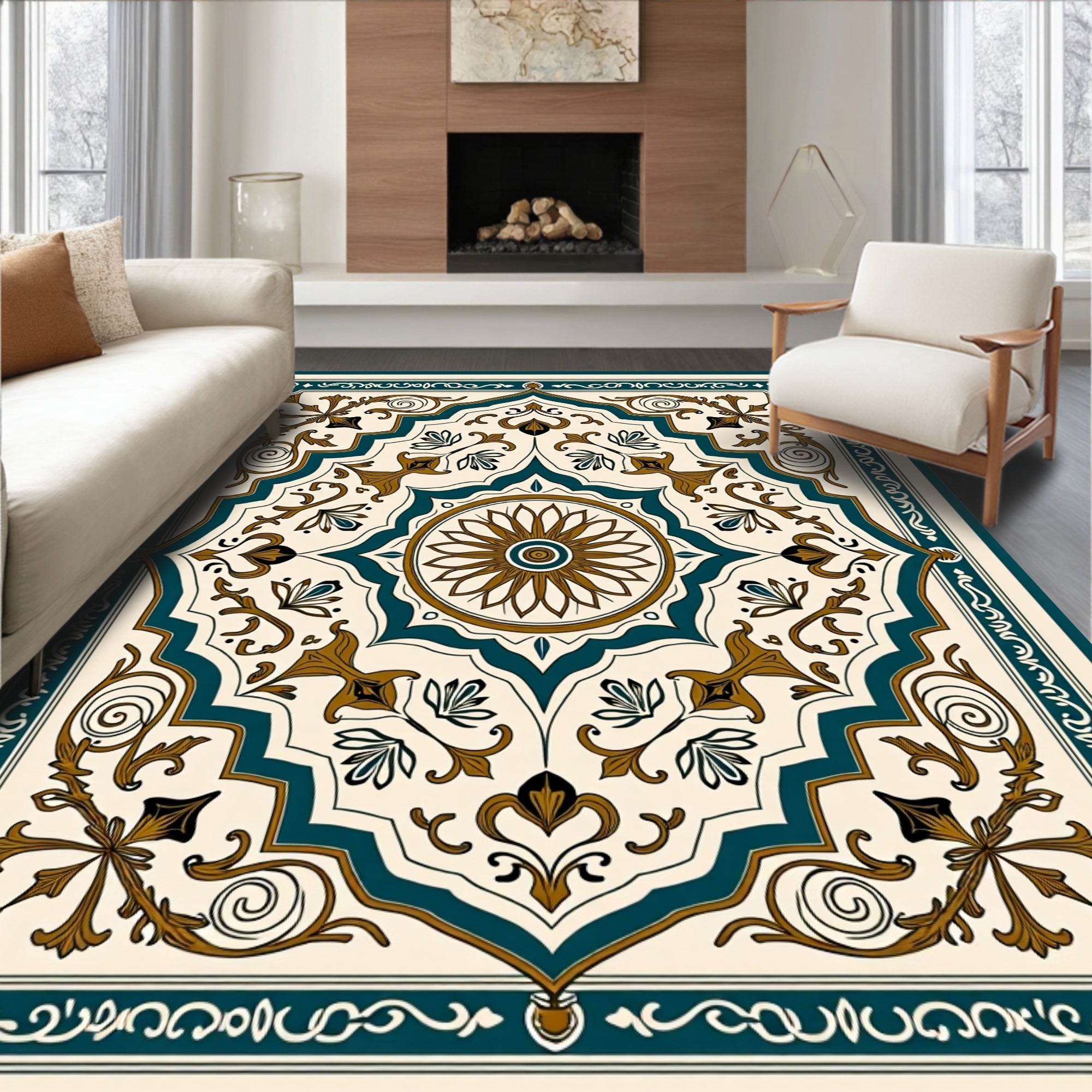 Elegant Teal And Gold Floral Medallion Rug