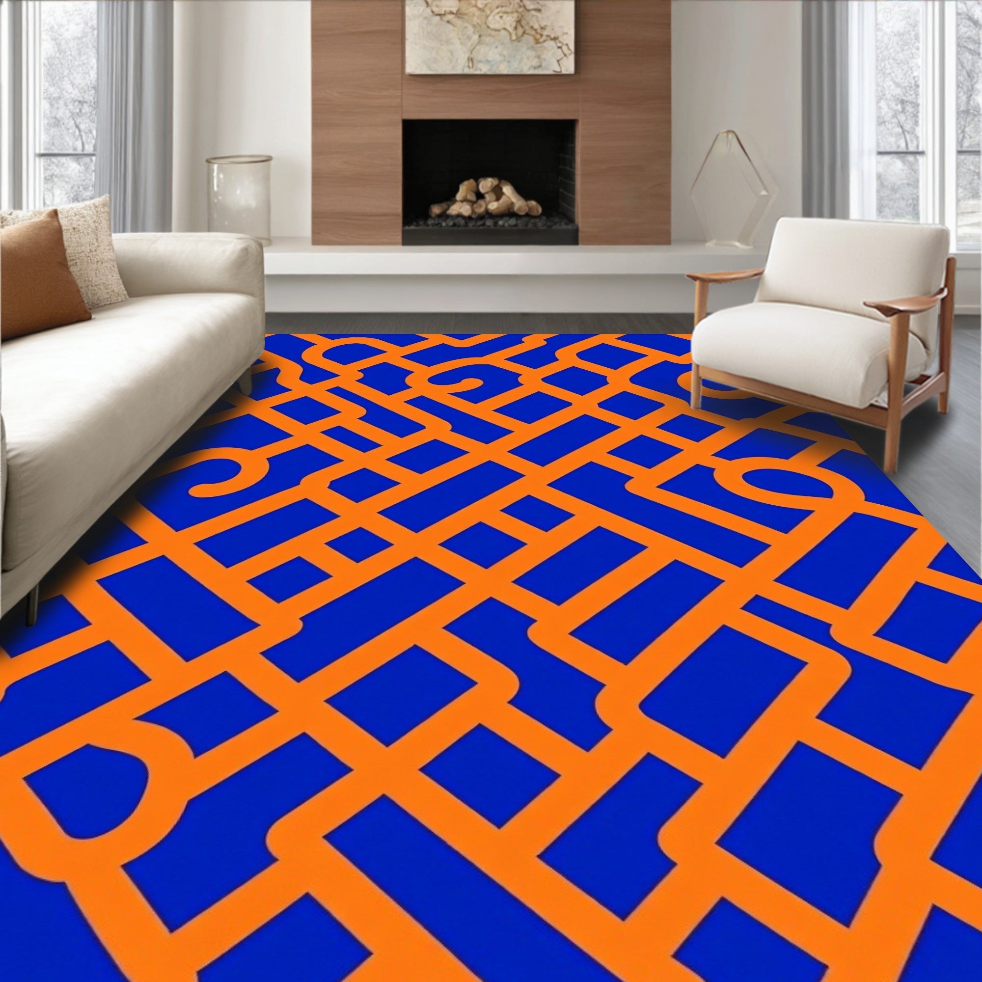 Vibrant Orange Intersecting Grid Pattern Rug