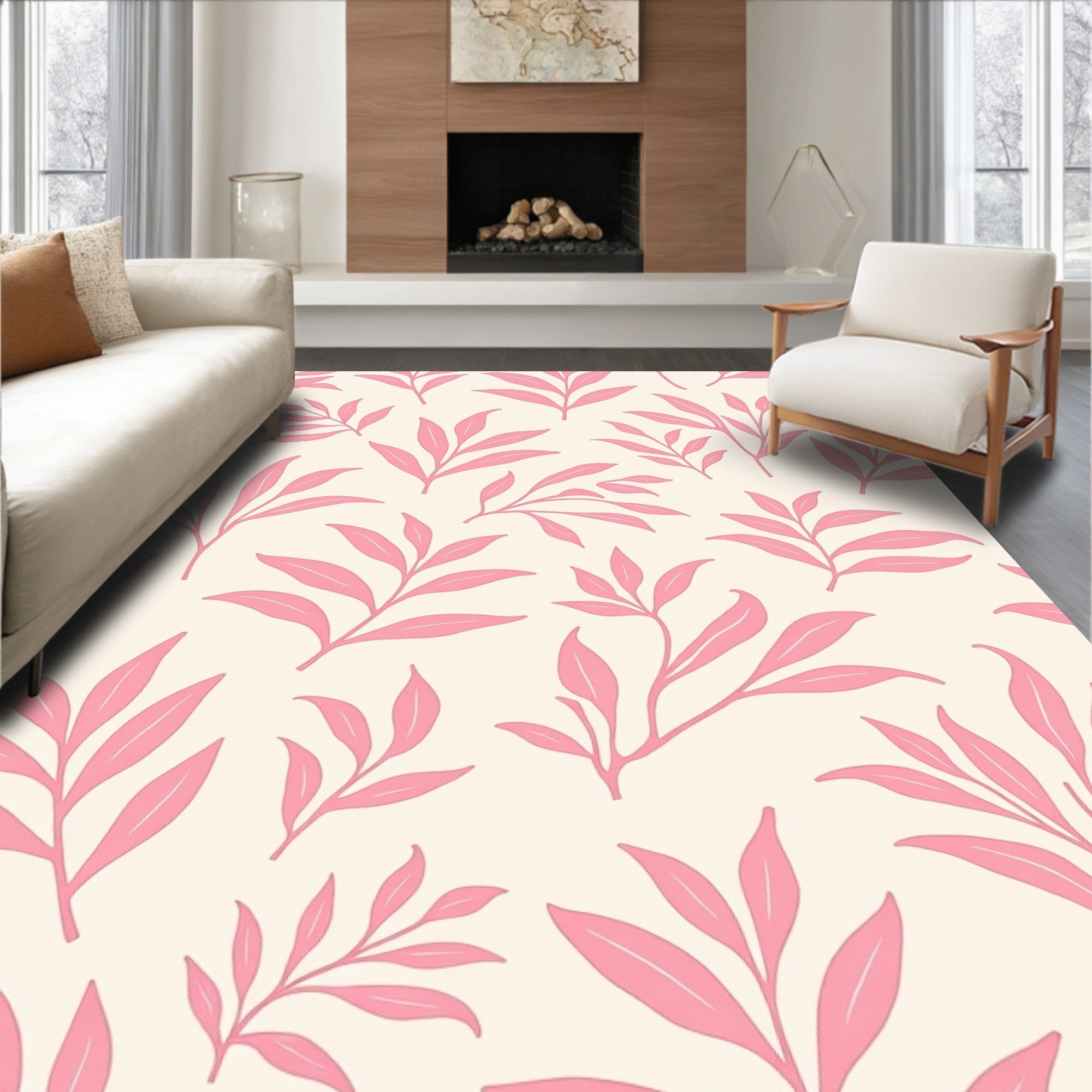 Delicate Pink Leaf Pattern Accent Rug