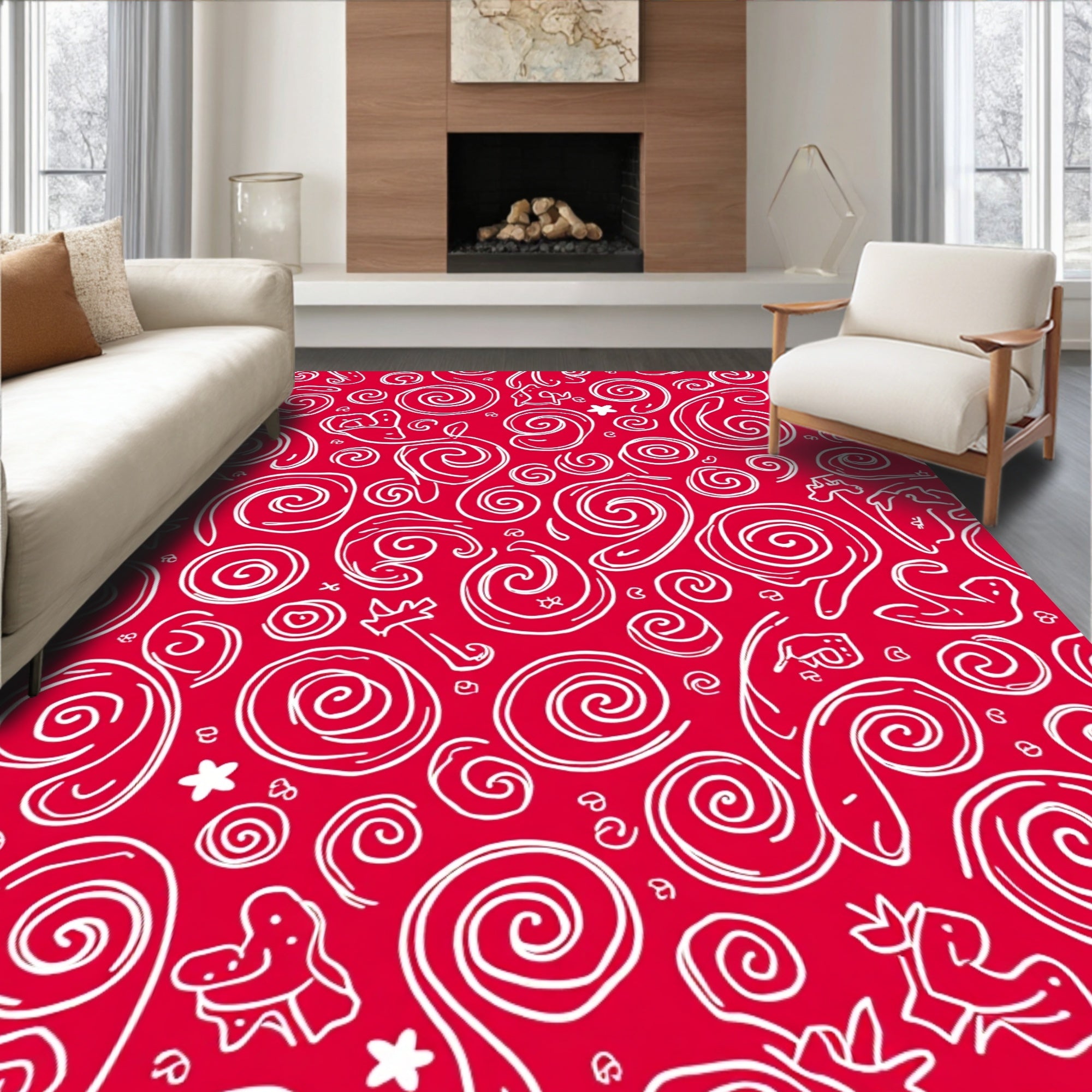 Whimsical Red Swirl Animal Sketch Rug