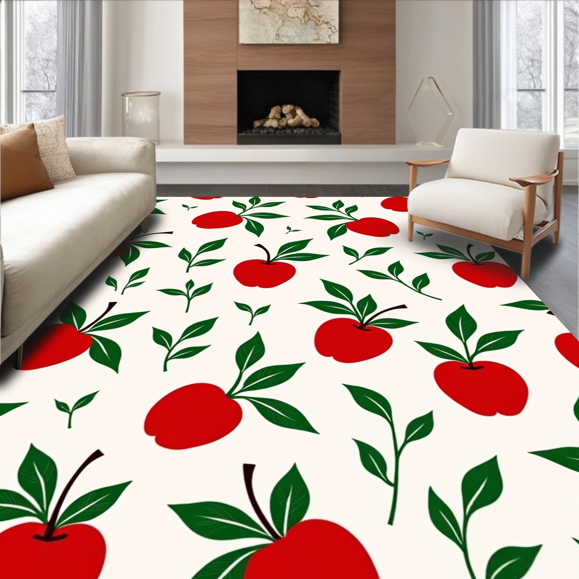 Red Apple Pattern With Green Leaves Rug