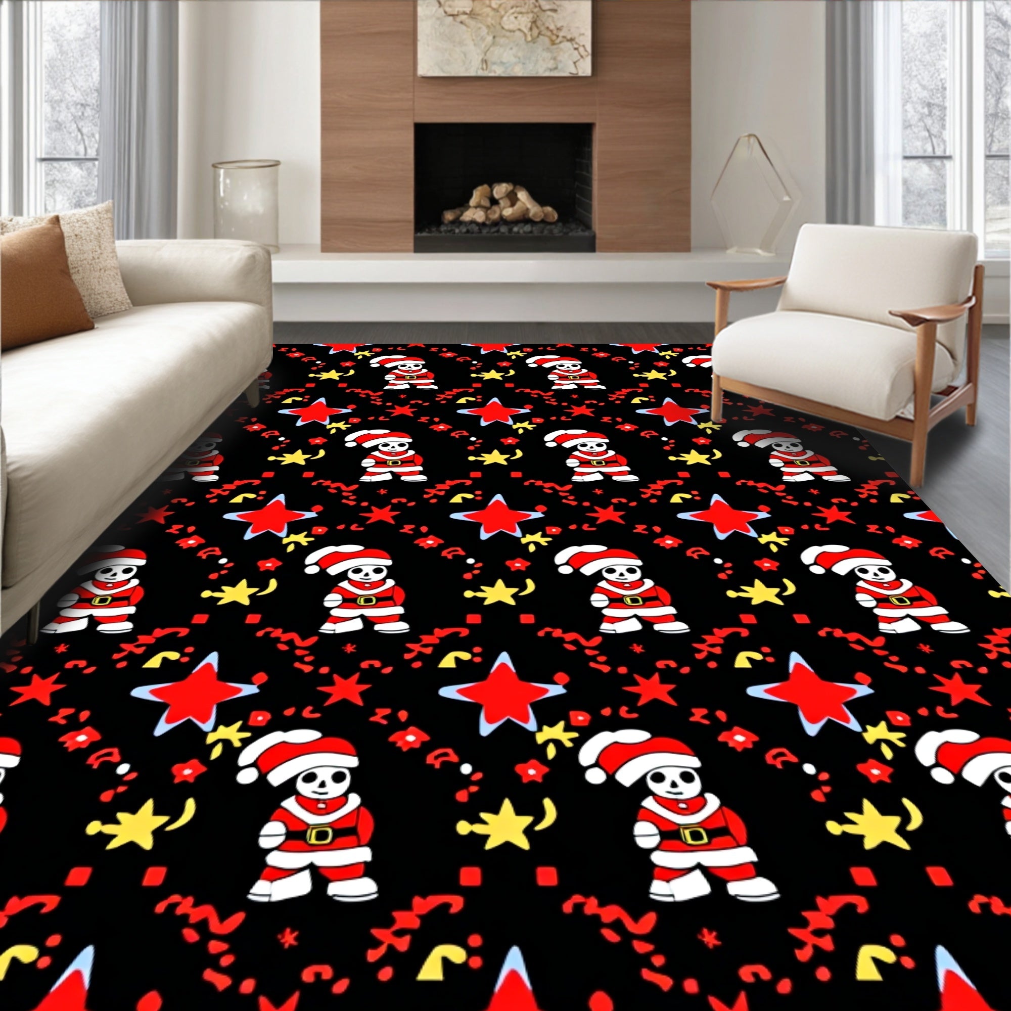 Cute Skeleton Santa Black Star Rug