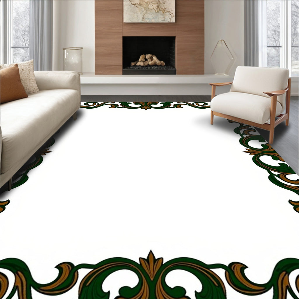 Ornate Green Brown Scroll Border Rug