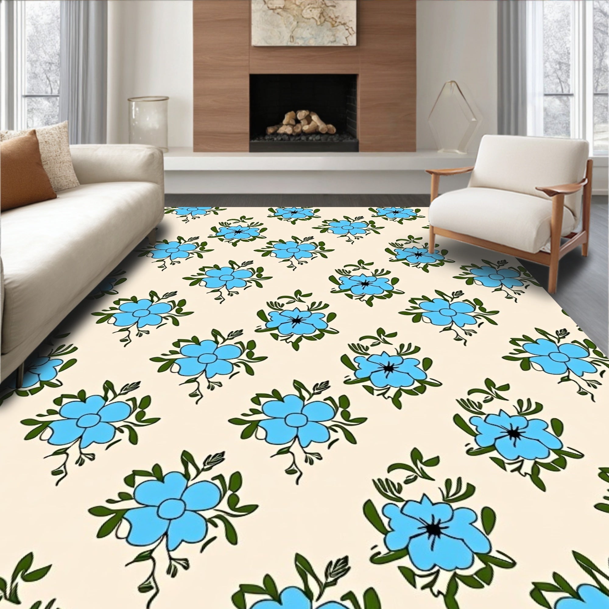 Light Blue Flourish Floral Pattern Rug