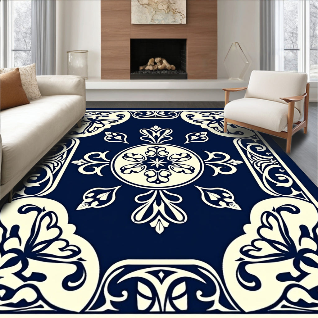 Classic Floral Medallion Navy Ivory Rug