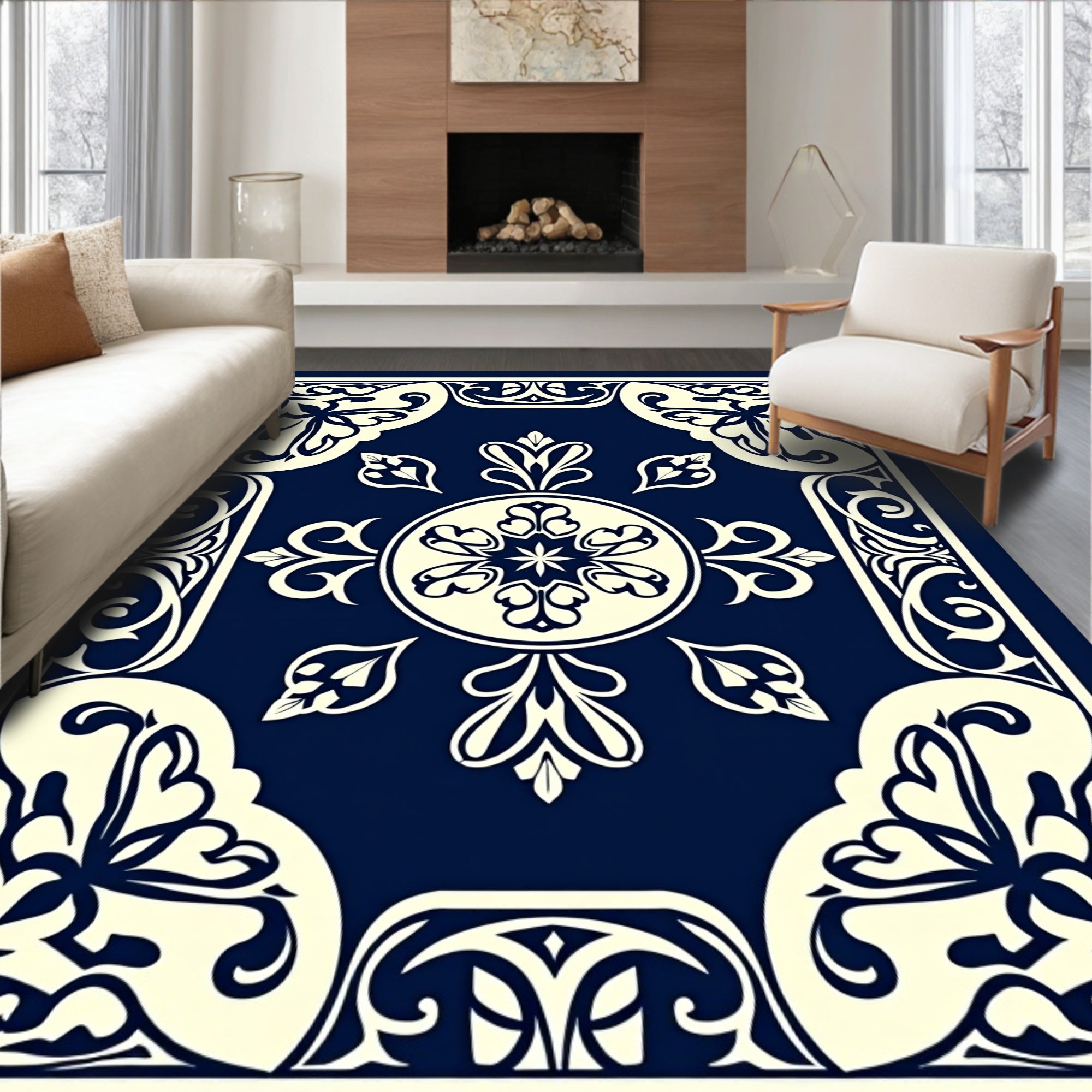 Classic Floral Medallion Navy Ivory Rug