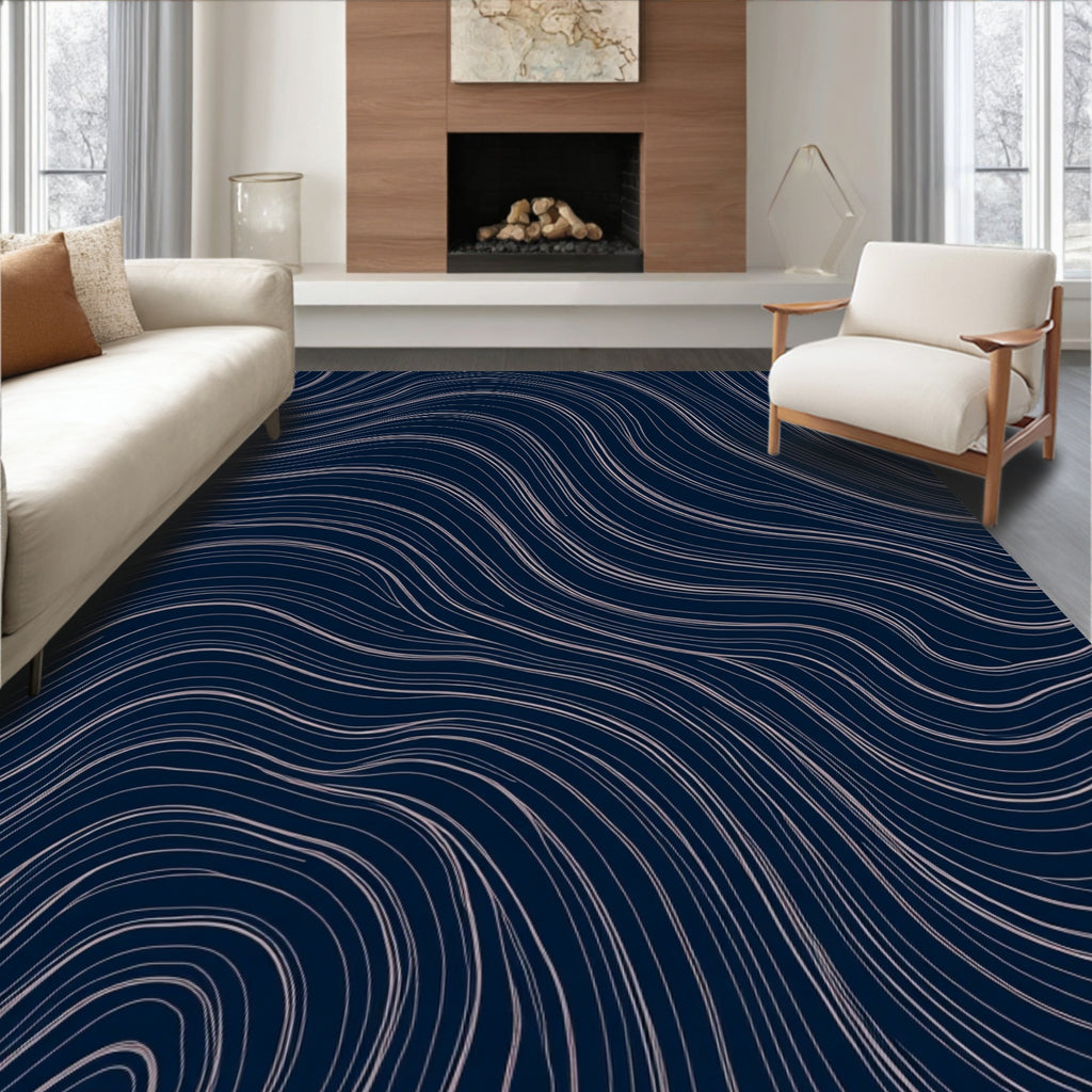 Navy Blue Swirling Lines Pattern Rug