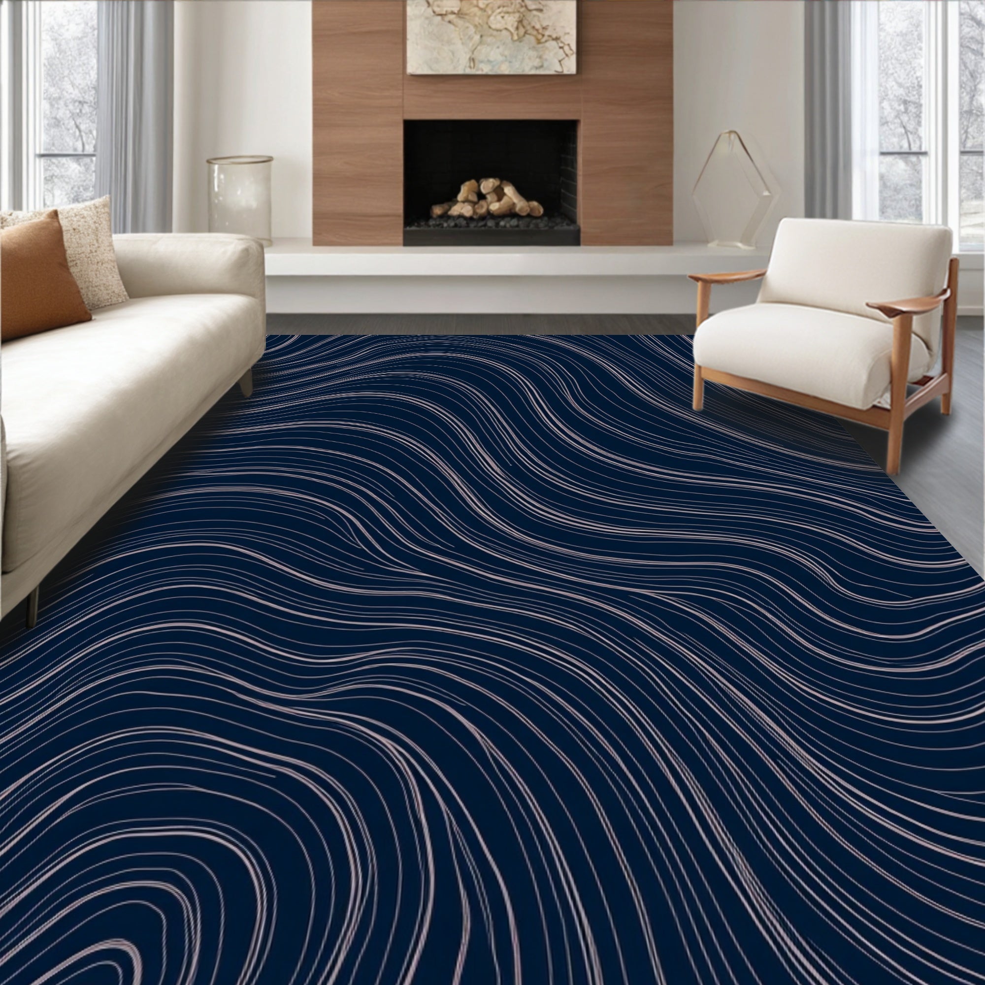 Navy Blue Swirling Lines Pattern Rug