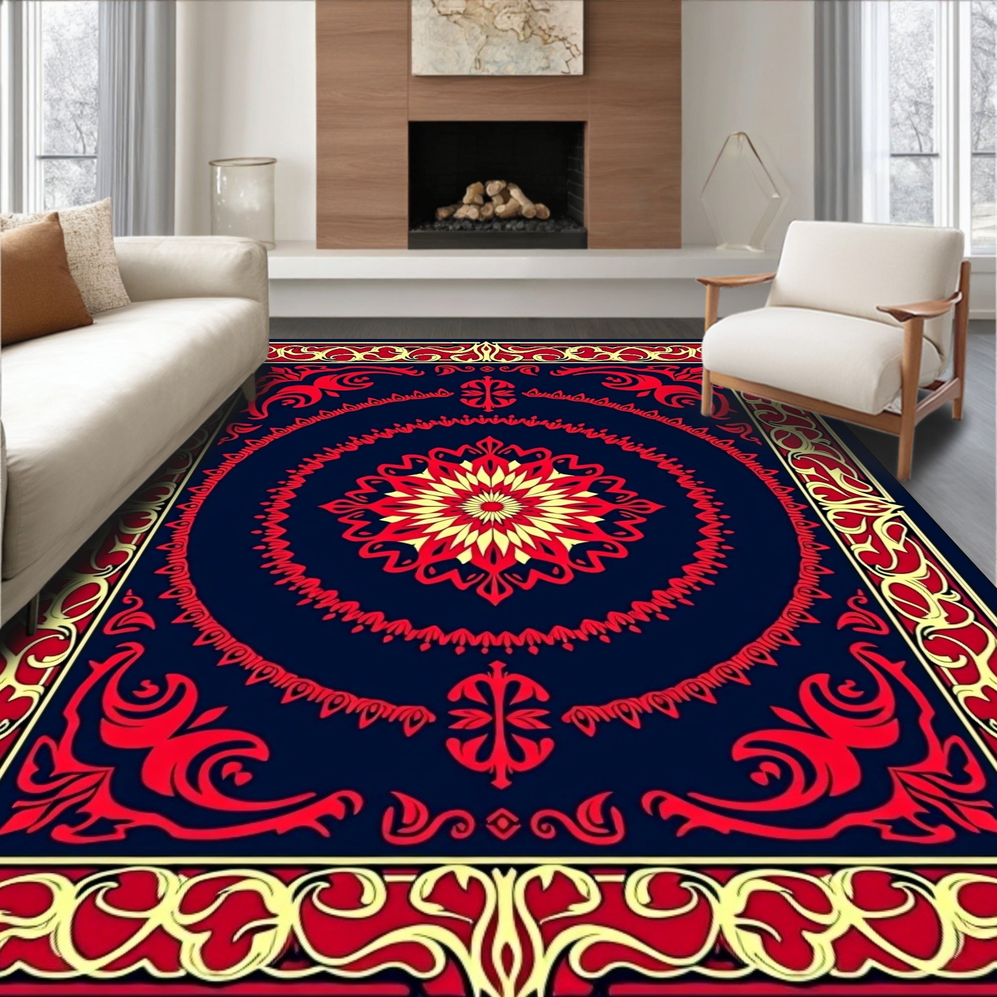 Elegant Red Gold Floral Medallion Rug