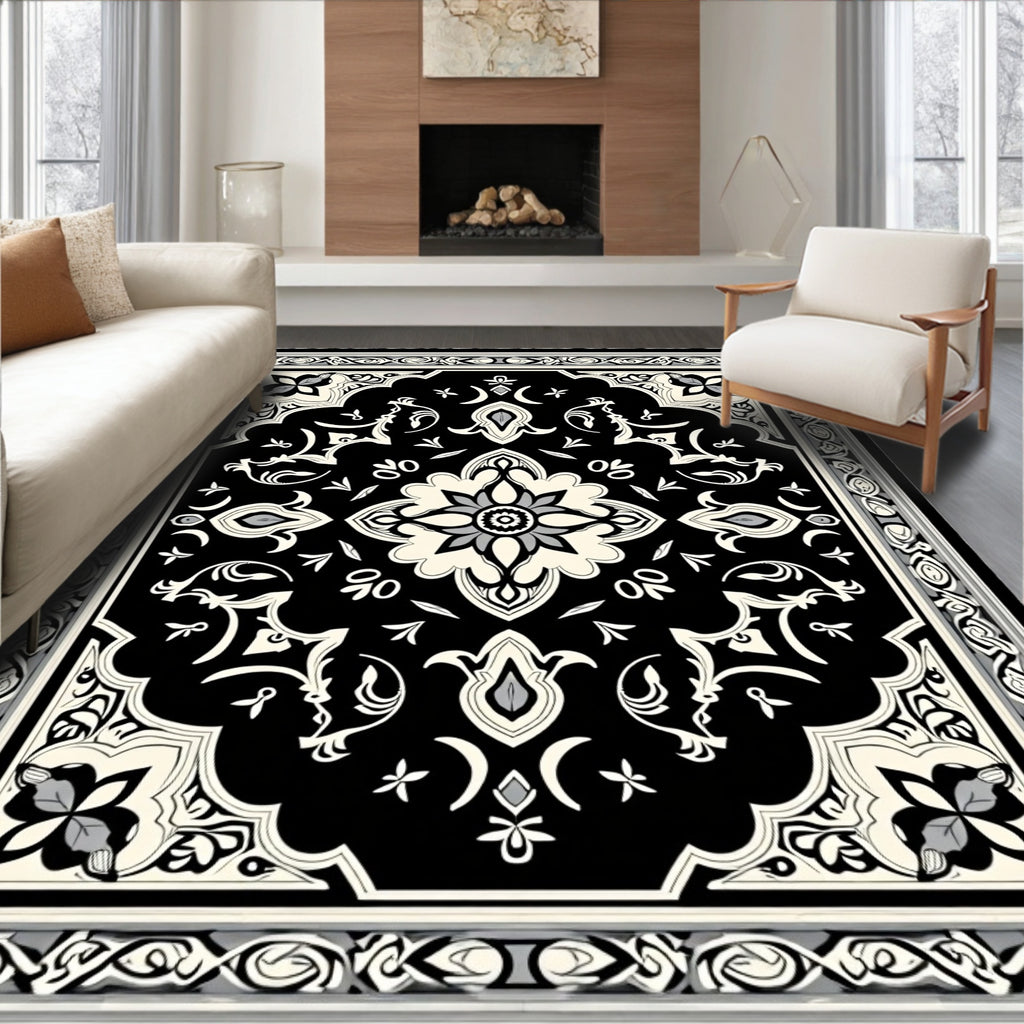 Classic Black Ivory Floral Medallion Rug