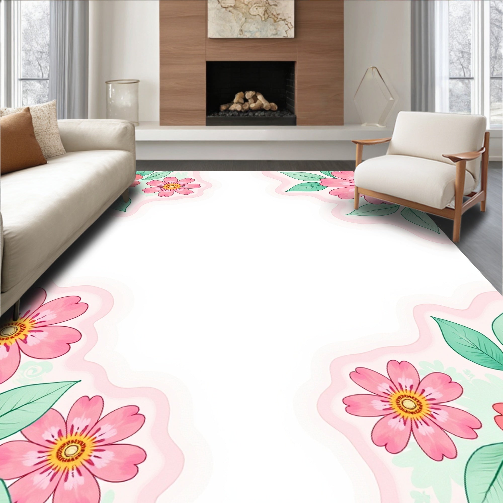Whimsical Pink Floral Pattern Rug