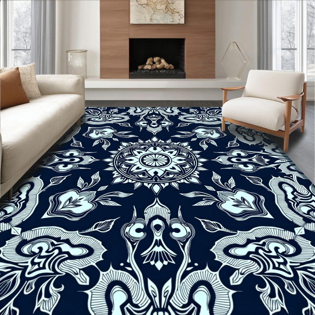 Dark Navy Floral Mandala Pattern Rug