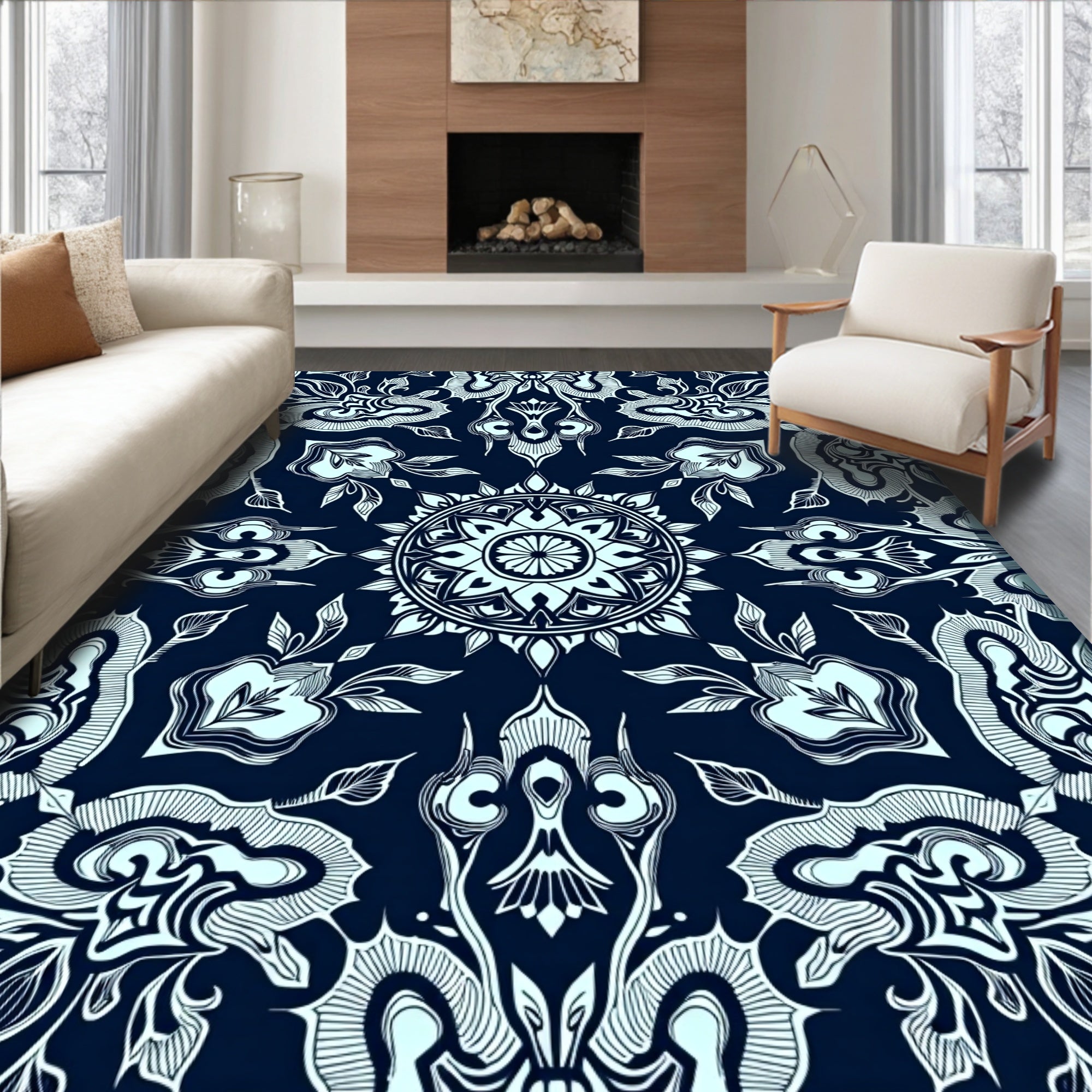 Dark Navy Floral Mandala Pattern Rug