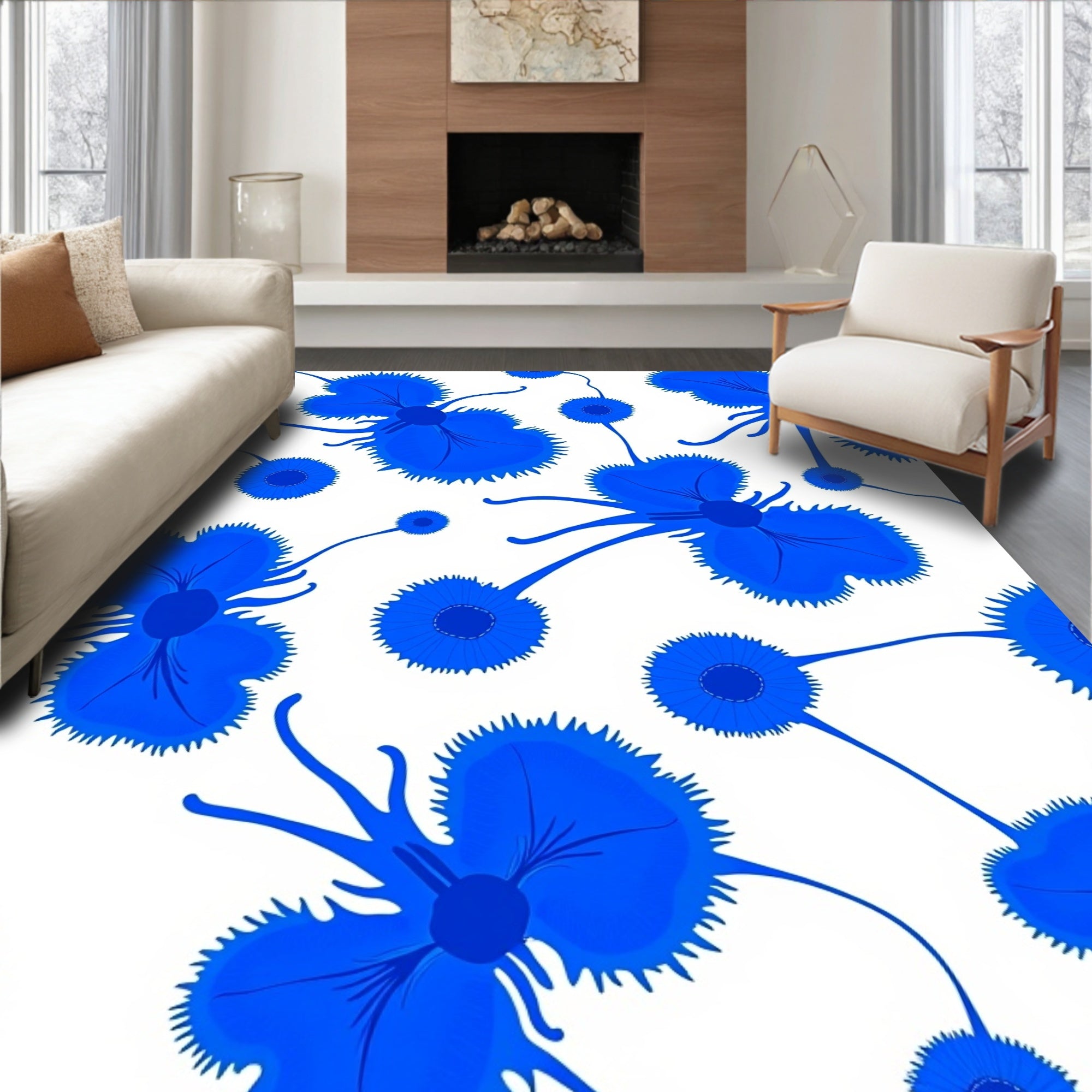 Vibrant Blue Floral Abstract Pattern Rug