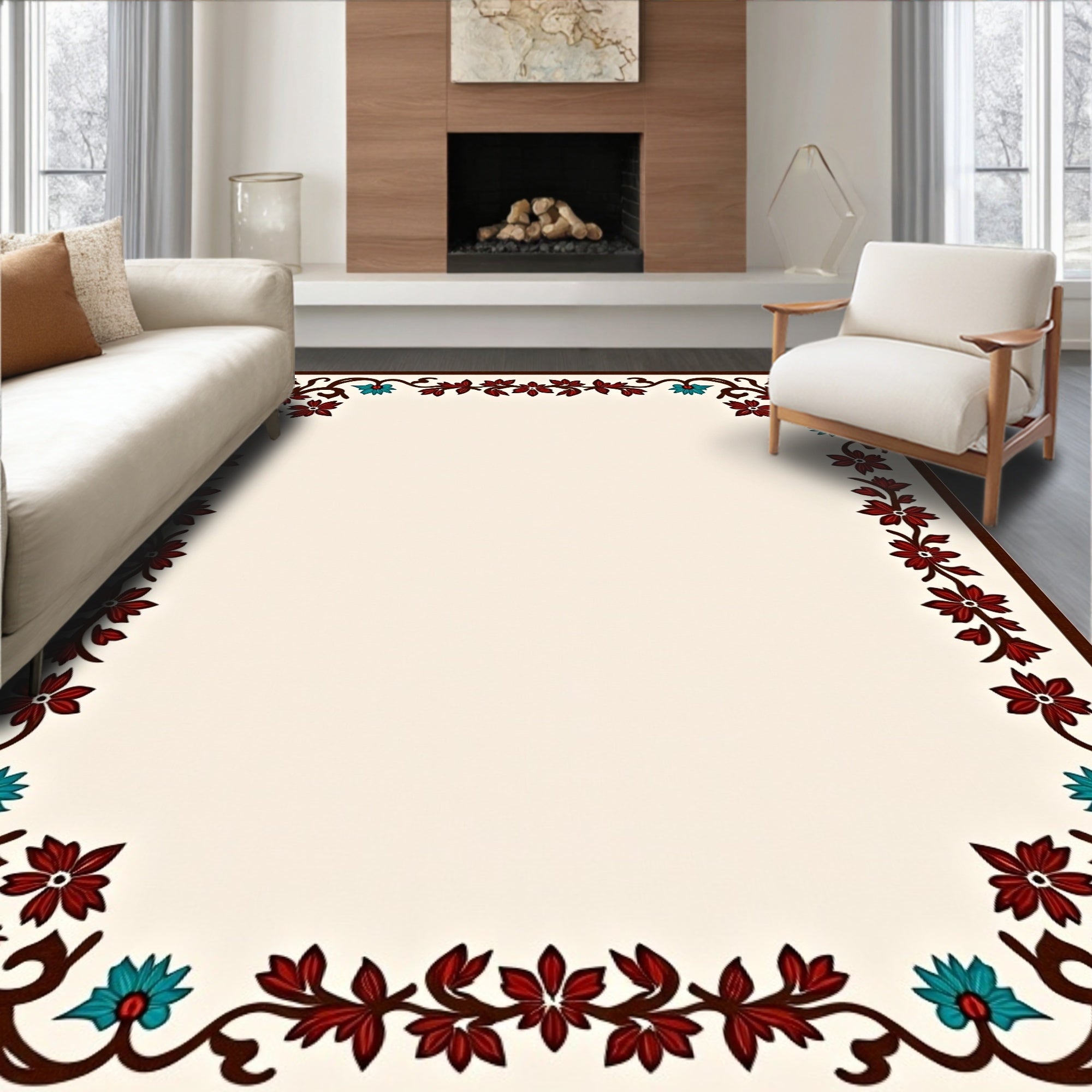 Ornate Floral Vine Border Design Rug