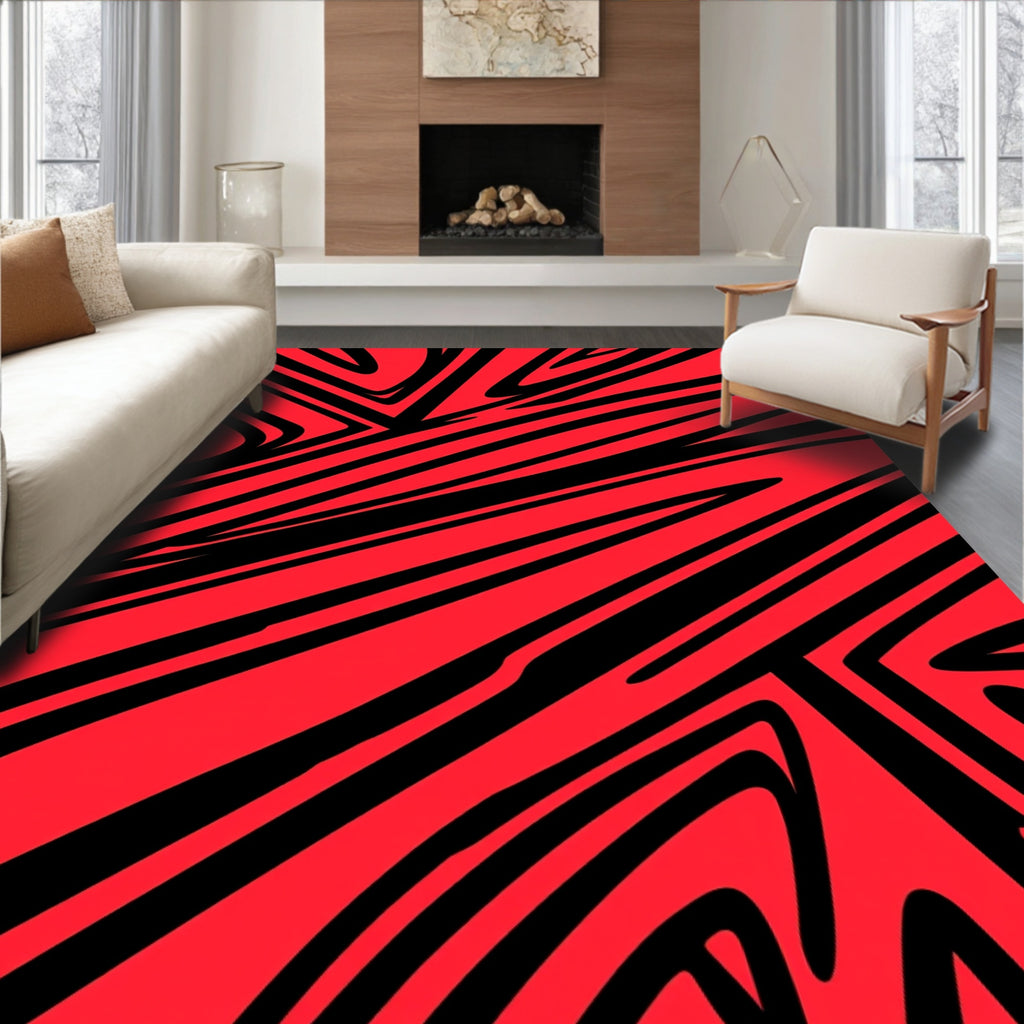 Bold Red Black Abstract Stripe Design Rug