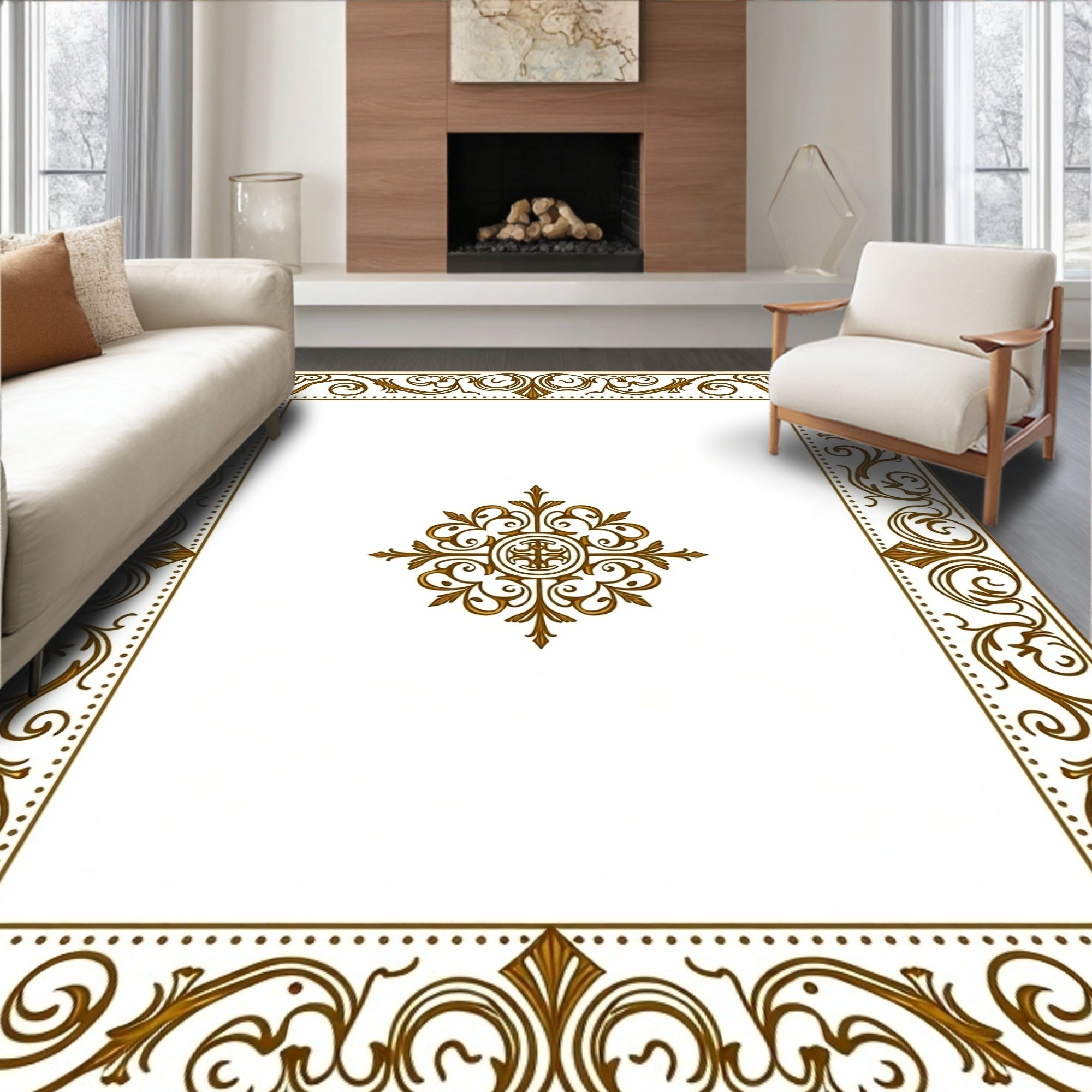Ornate Gold Scrollwork Center Medallion Rug