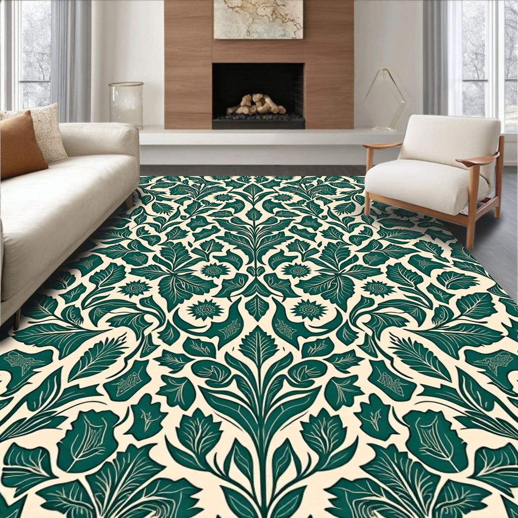 Emerald Green Scroll Floral Pattern Rug
