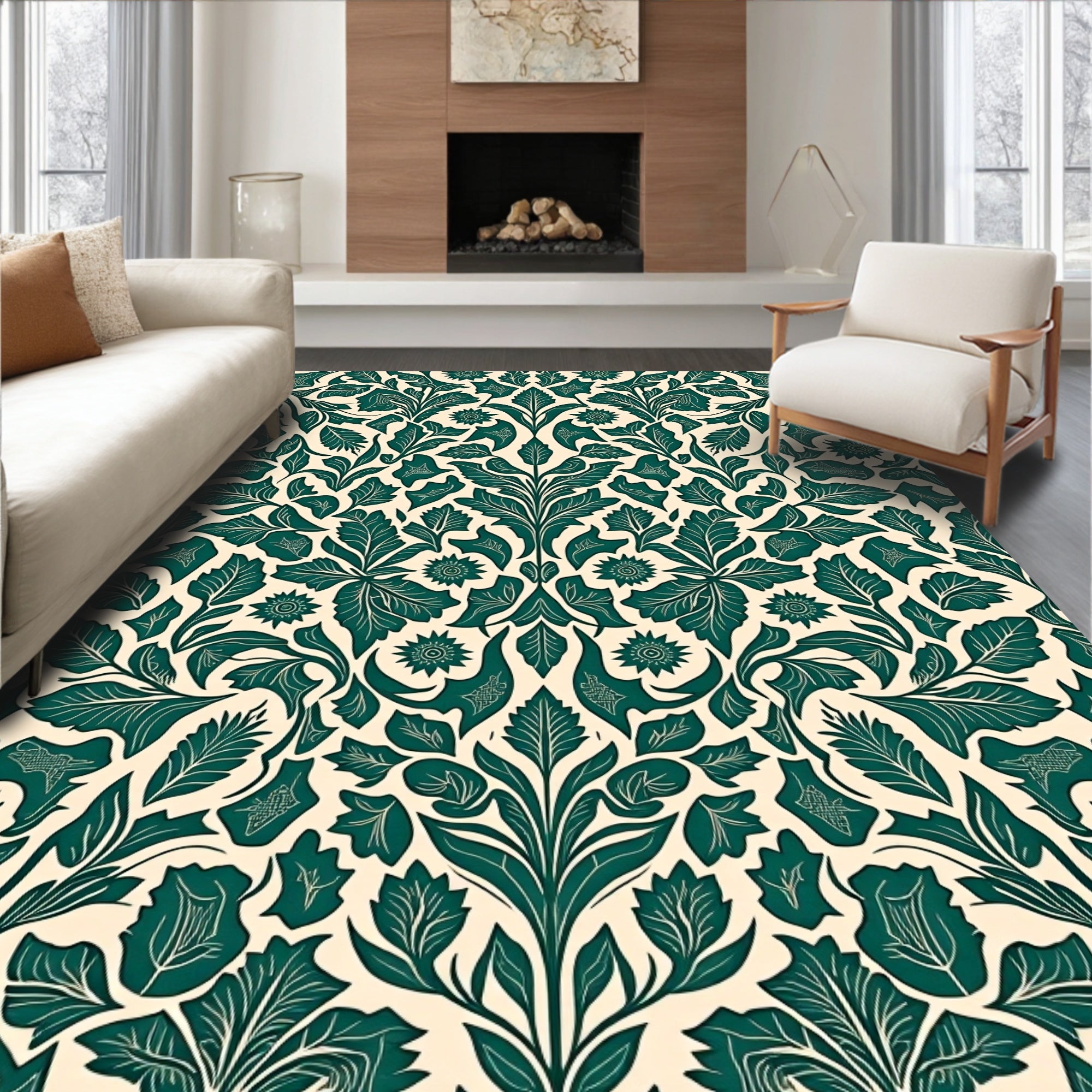Emerald Green Scroll Floral Pattern Rug