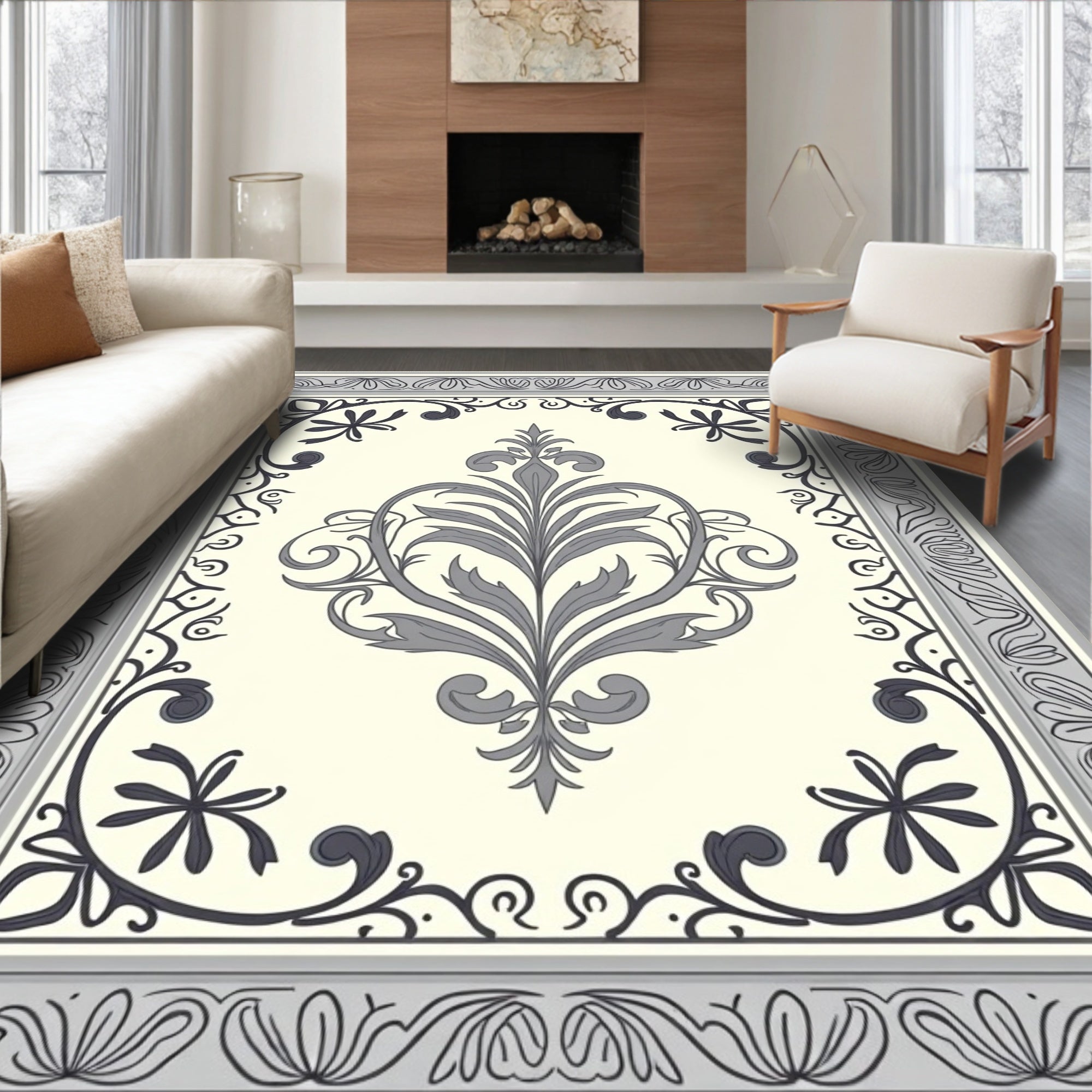 Elegant Floral Scroll Border Design Rug