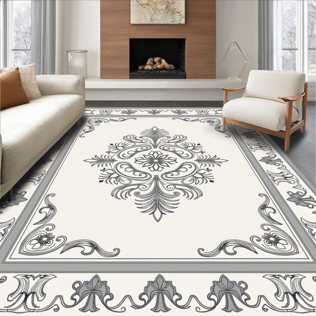 Ornate Floral Scrollwork Gray Rug