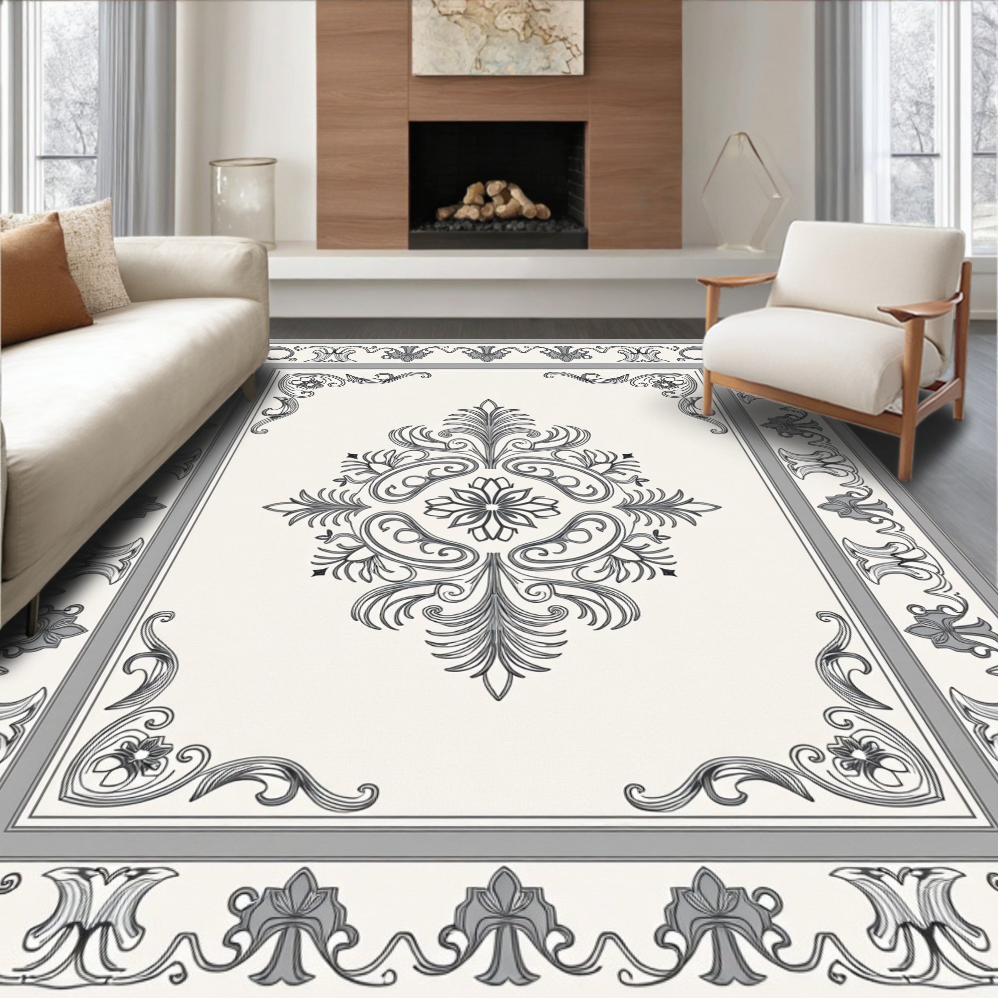 Ornate Floral Scrollwork Gray Rug