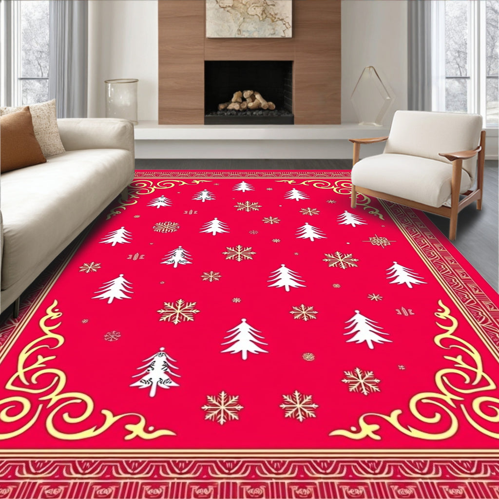 Crimson Christmas Trees Snowflakes Border Rug