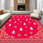 Crimson Christmas Trees Snowflakes Border Rug