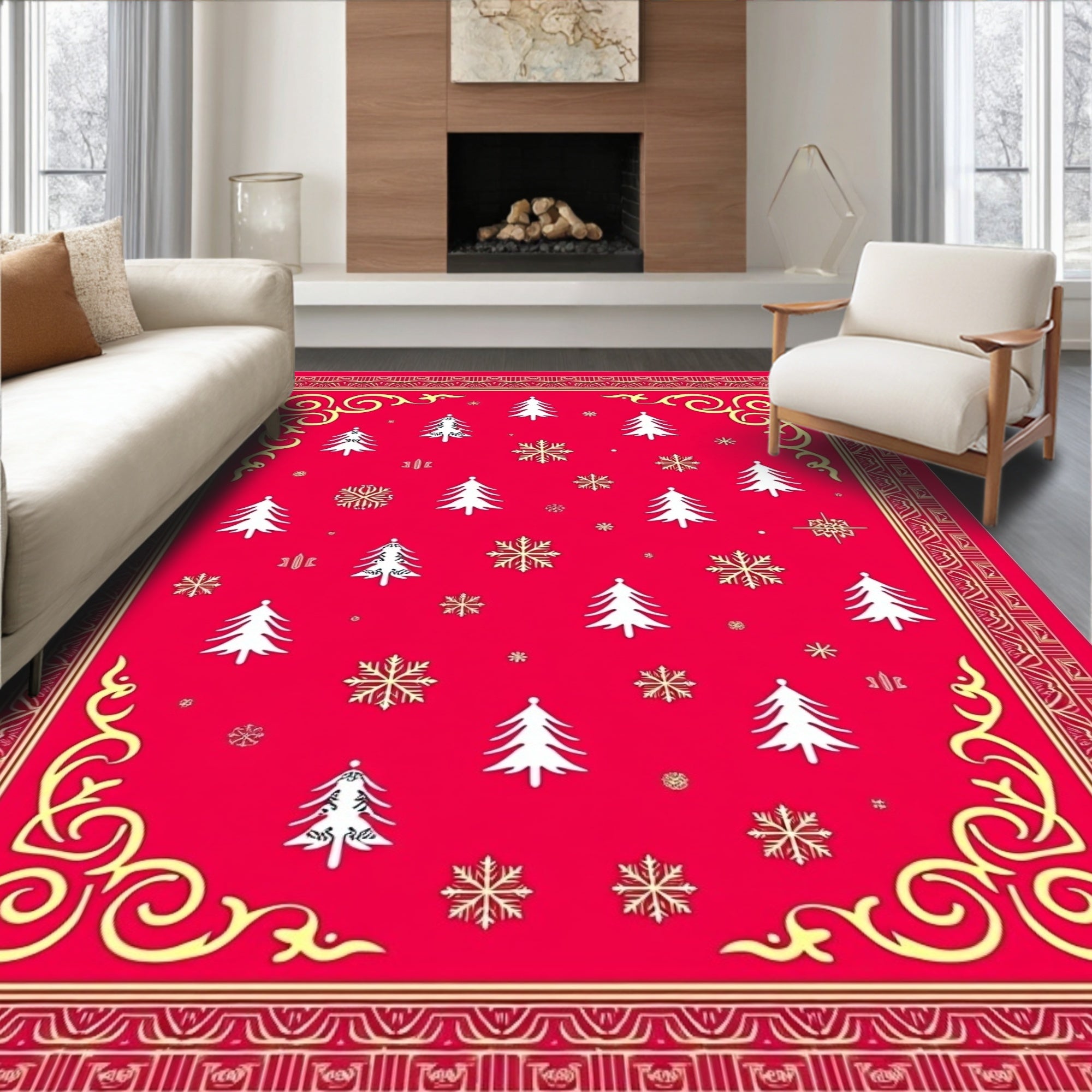 Crimson Christmas Trees Snowflakes Border Rug