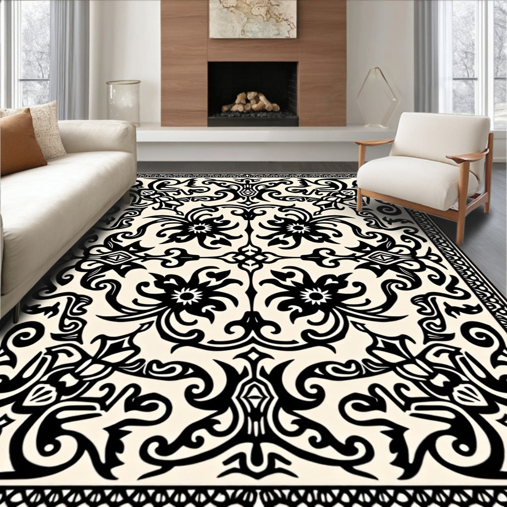 Ornate Black Floral Scrolls Pattern Rug