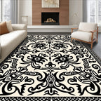 Ornate Black Floral Scrolls Pattern Rug