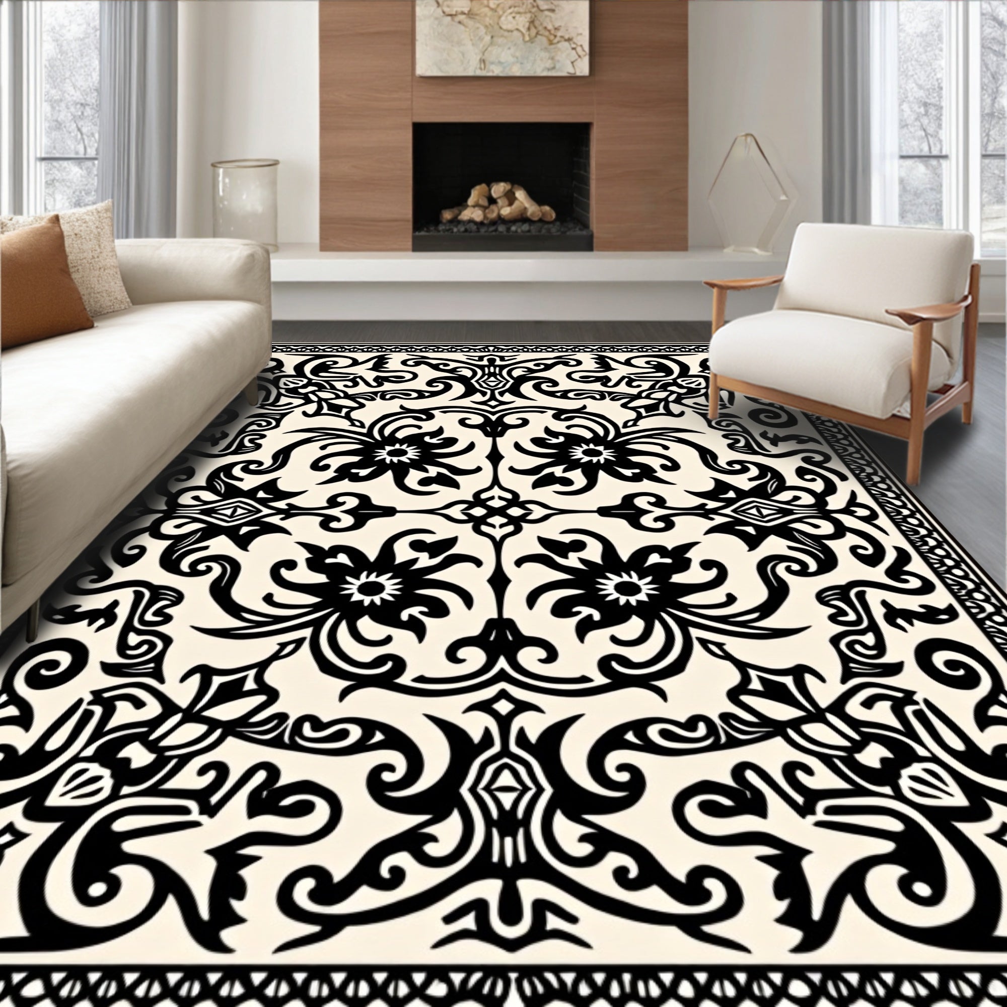 Ornate Black Floral Scrolls Pattern Rug