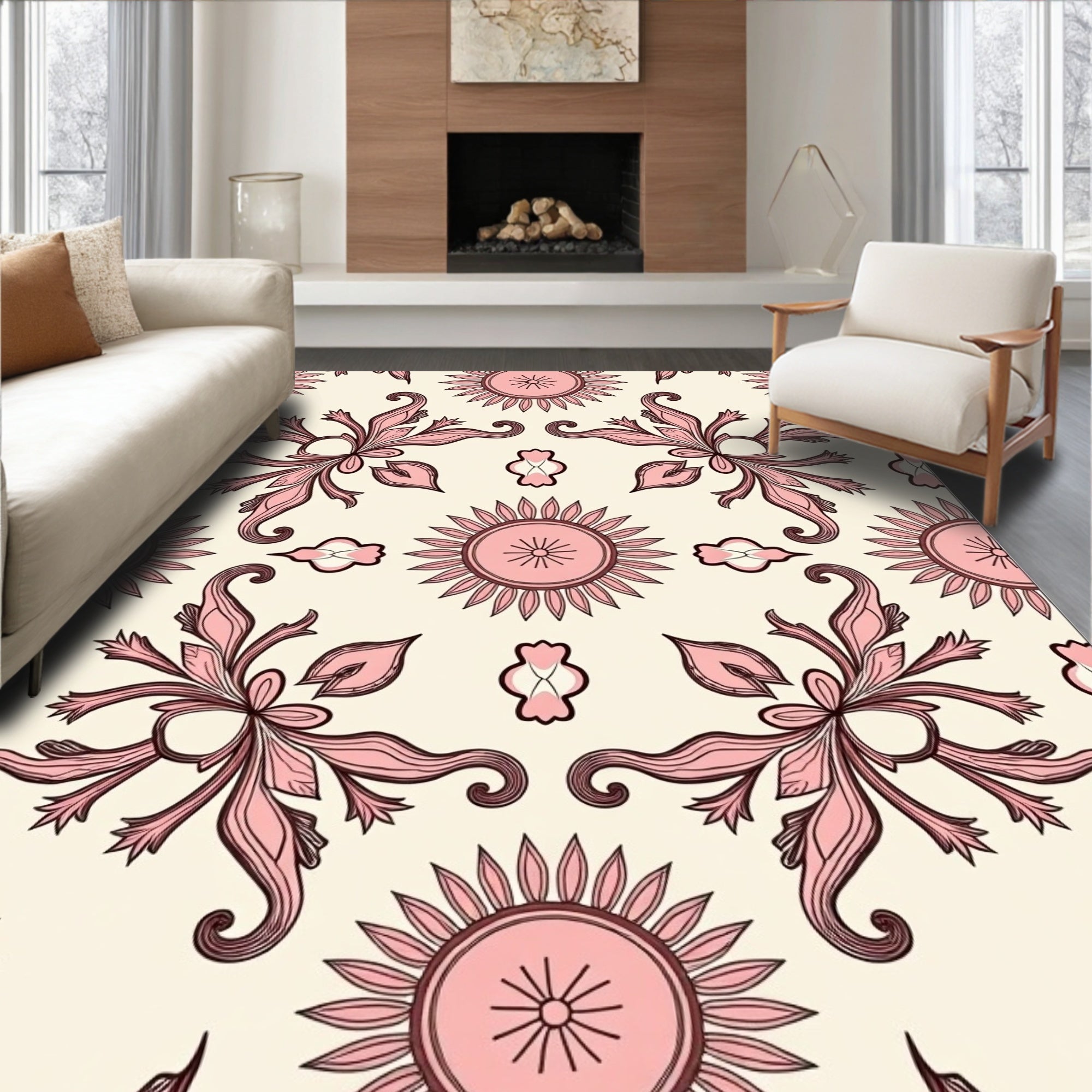 Art Nouveau Pink Floral Swirl Pattern Rug