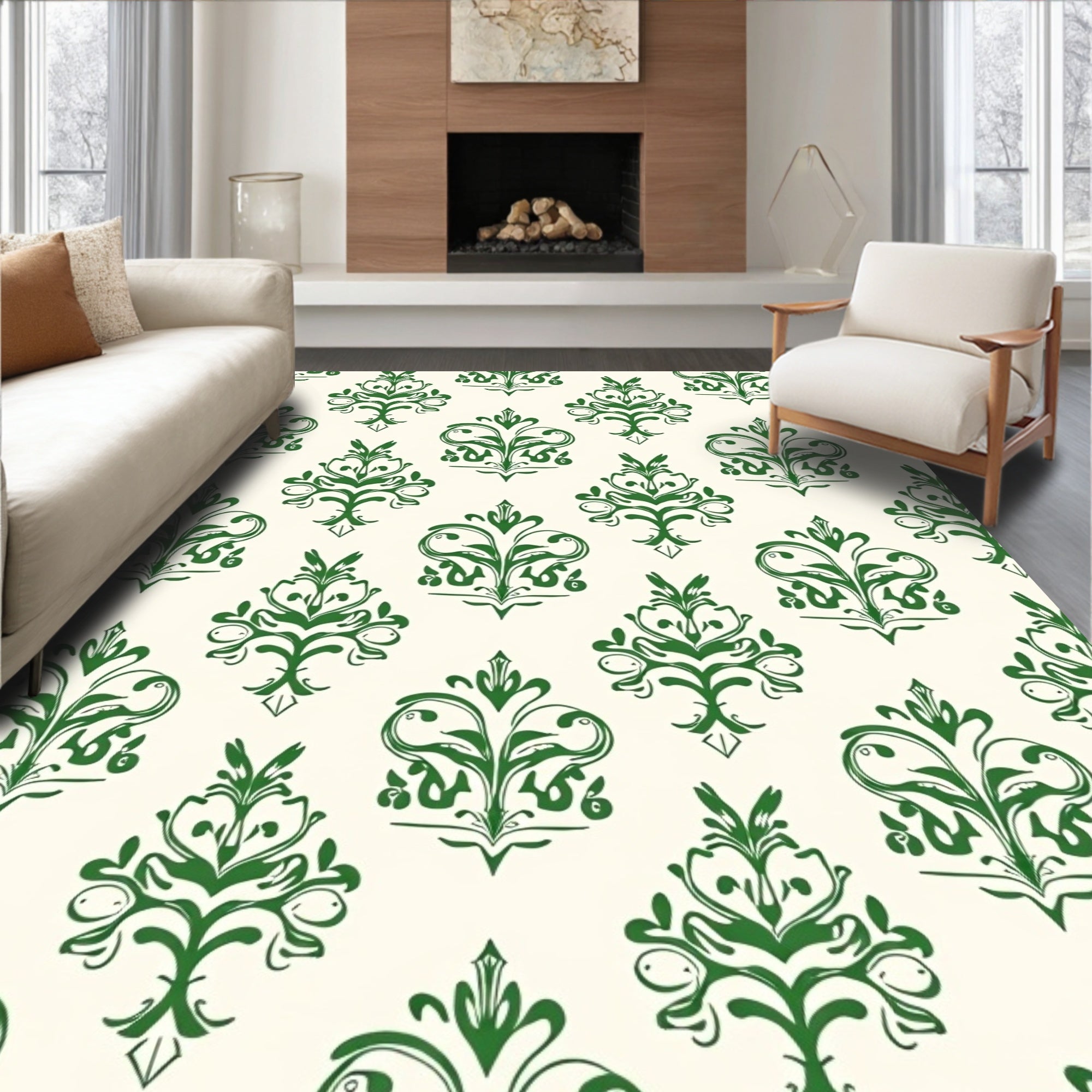 Emerald Green Ornate Damask Rug