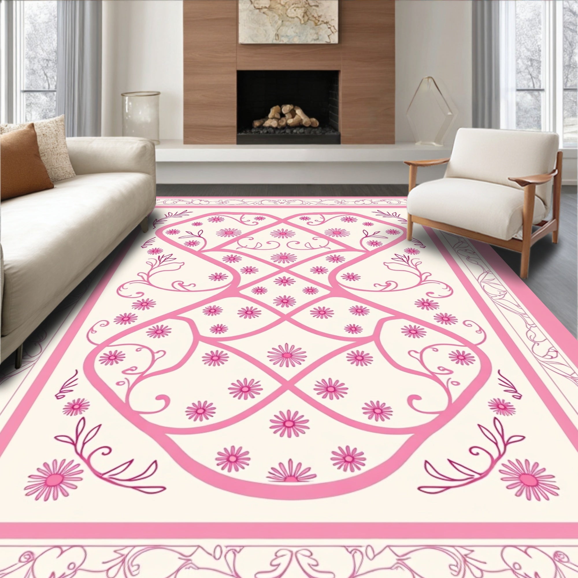 Pink Floral Vine Medallion Rug