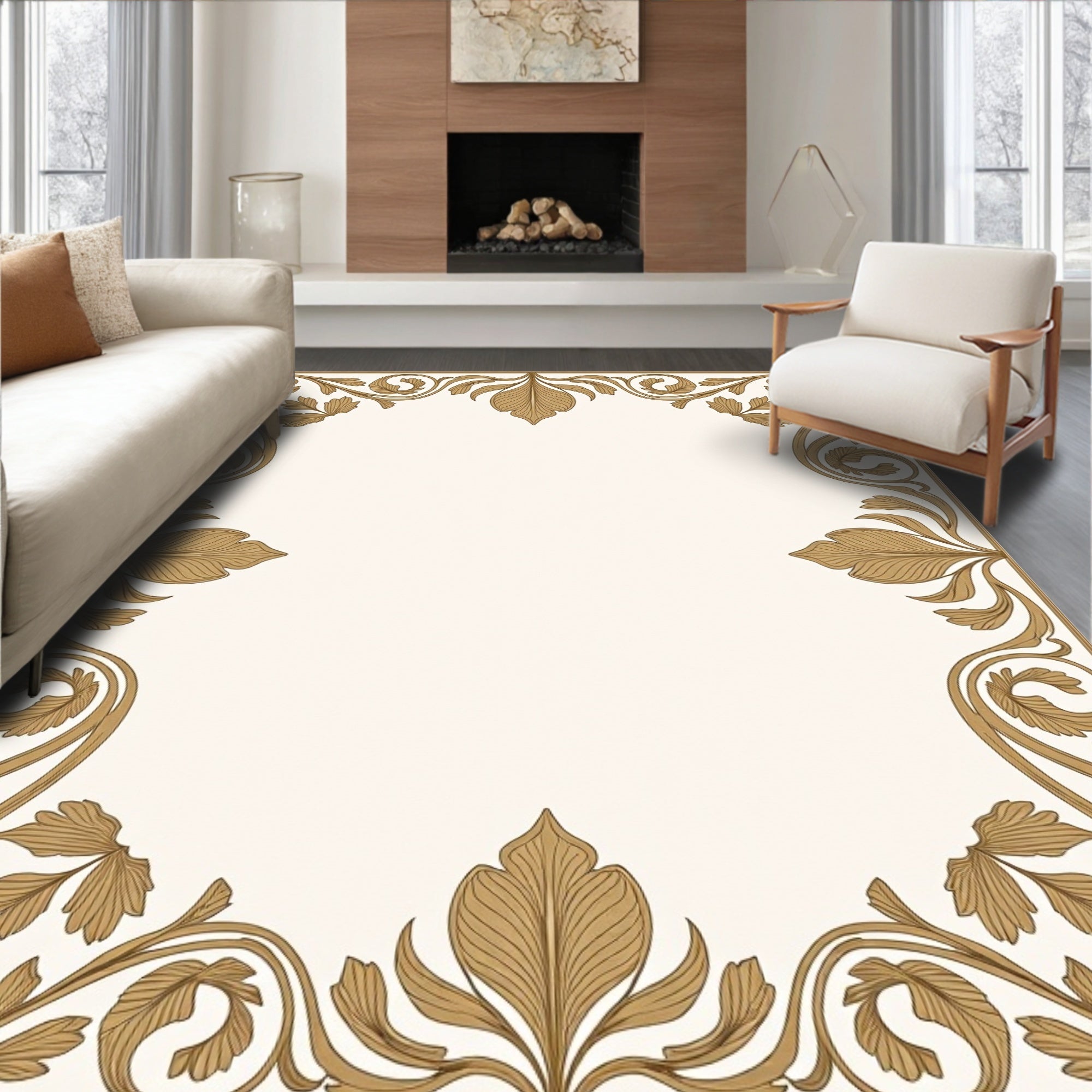 Ornate Gold Leaf Scroll Pattern Rug