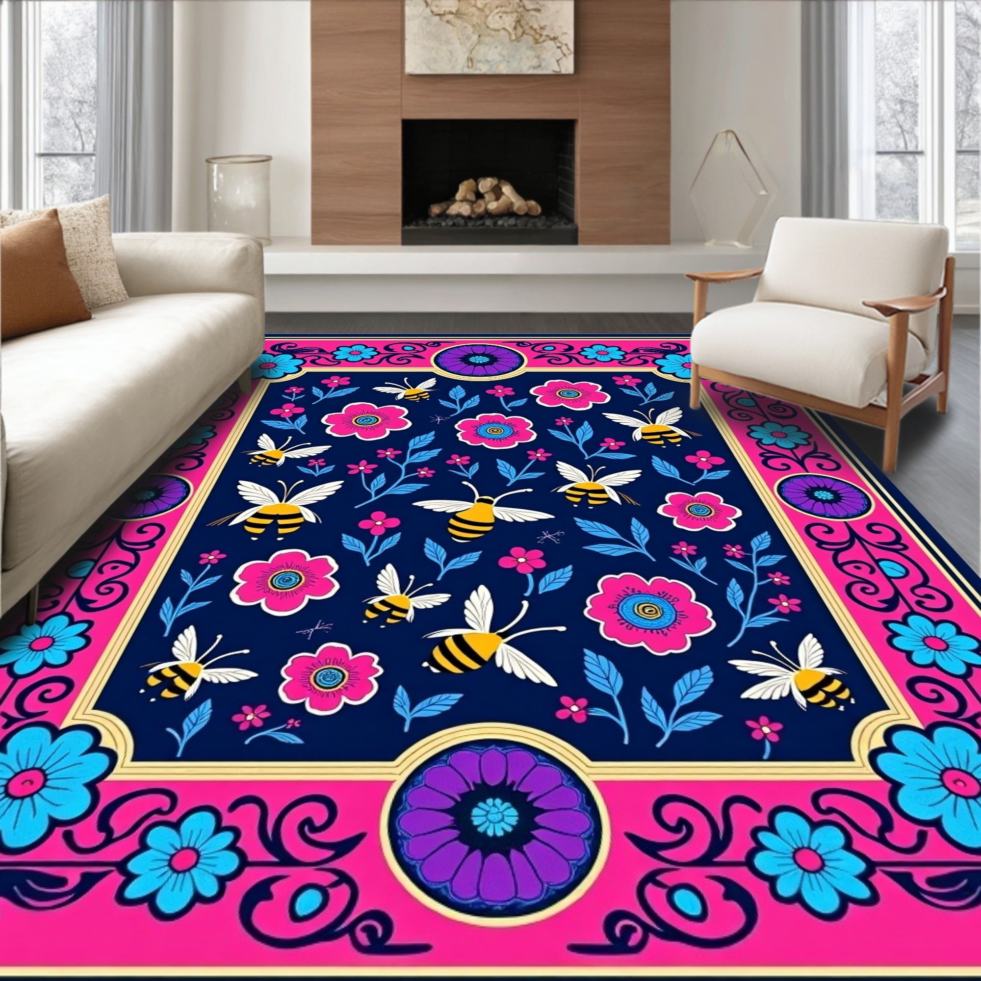 Whimsical Bee Garden Floral Navy Rug