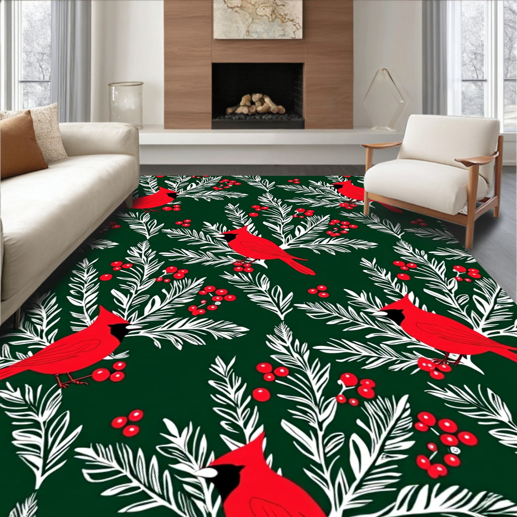 Cardinal Birds Red Berries Pattern Rug