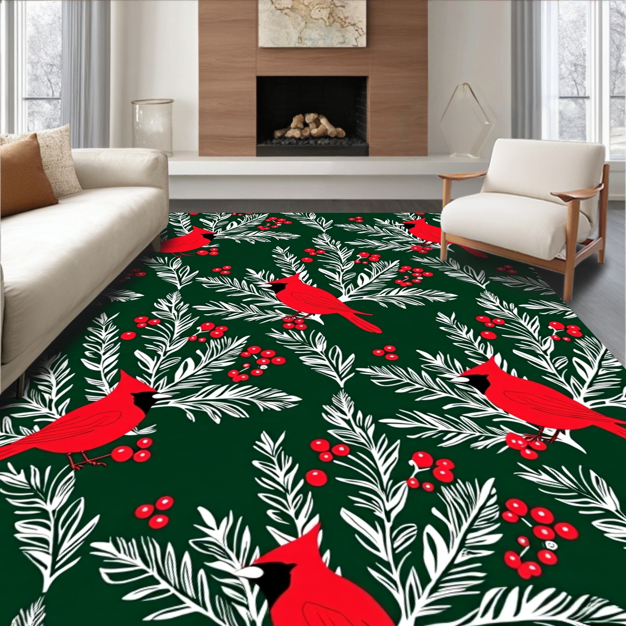 Cardinal Birds Red Berries Pattern Rug