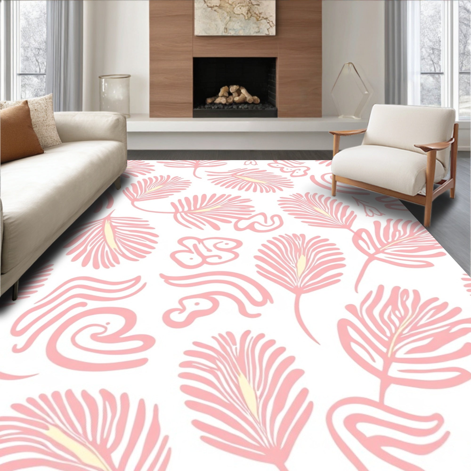 Abstract Pink Feather Swirl Design Rug