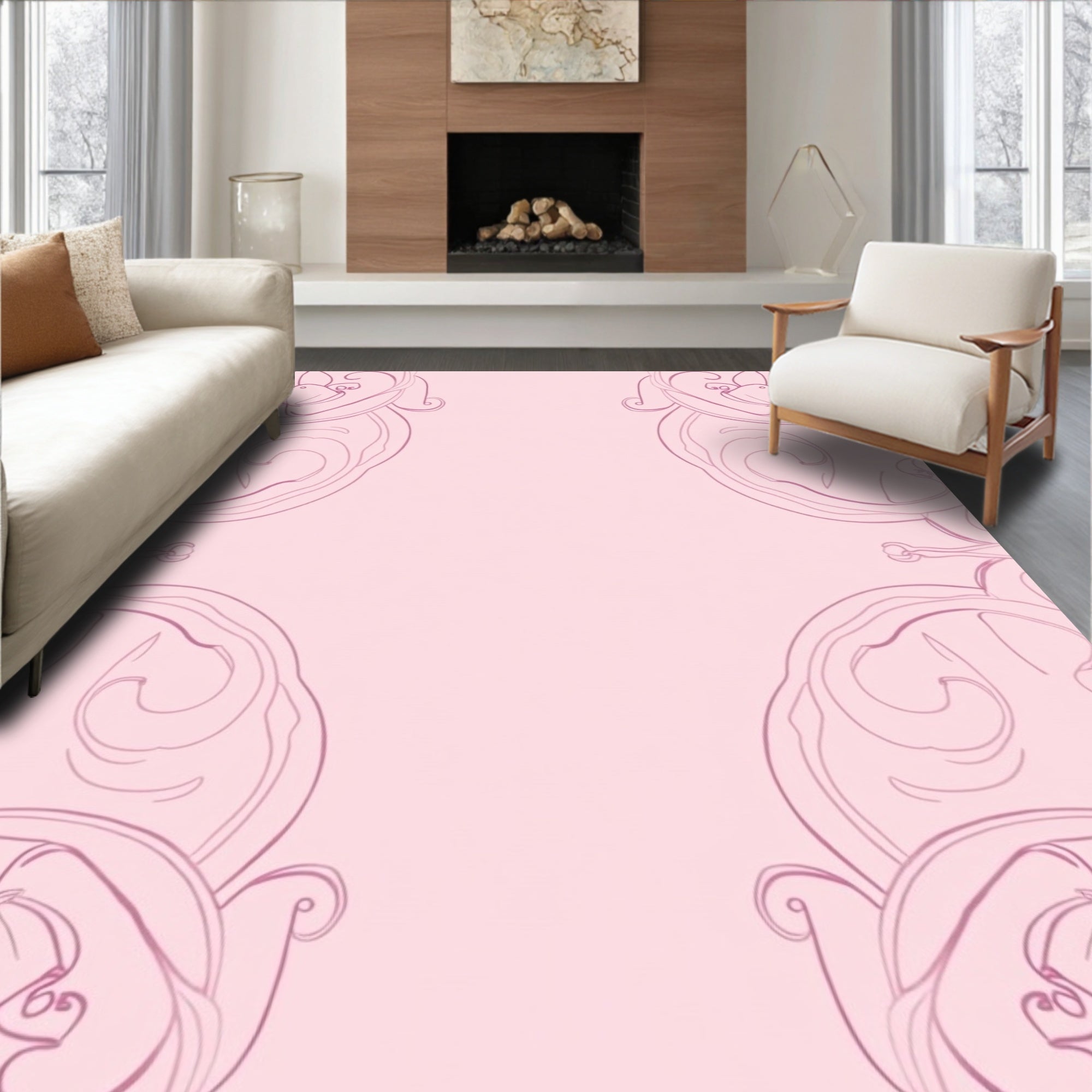 Pink Floral Swirl Line Art Rug