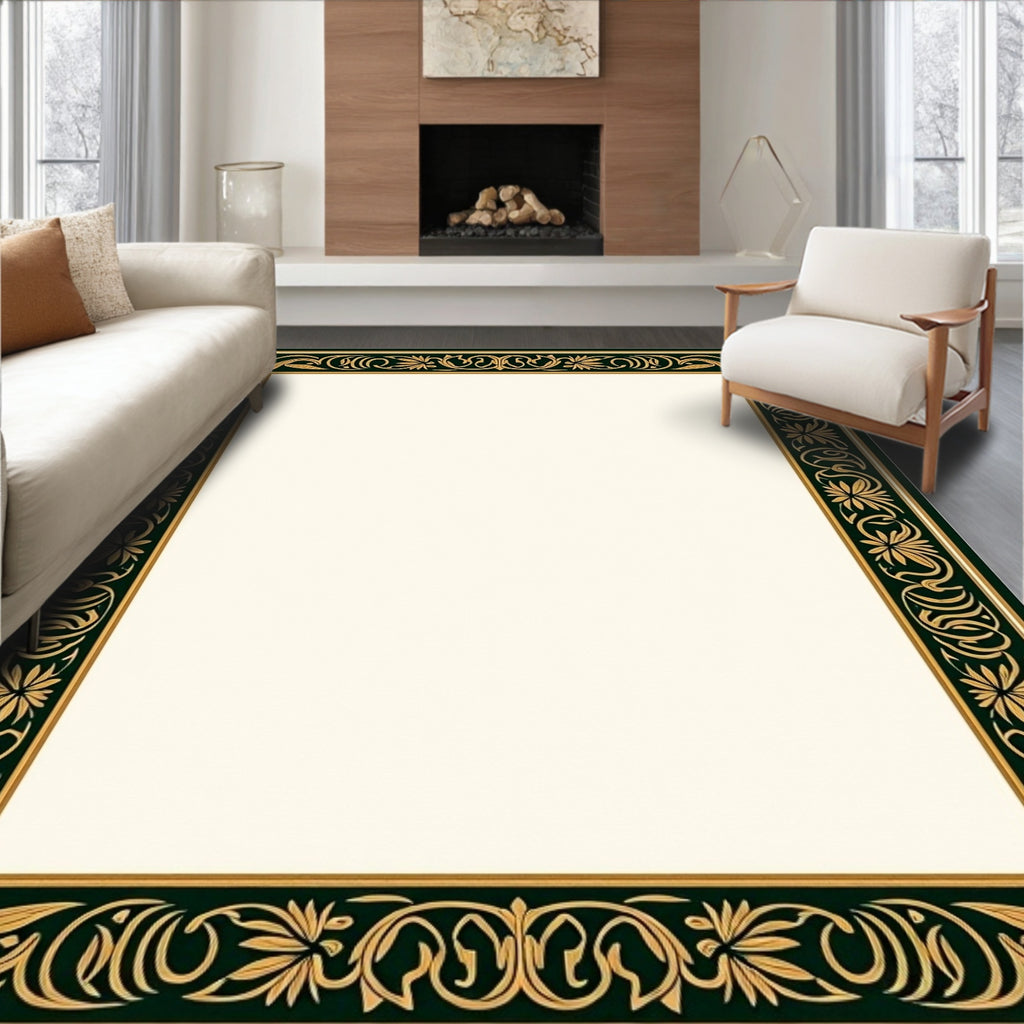Elegant Gold and Green Floral Border Rug