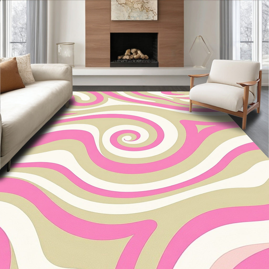 Retro Swirl Pink Beige White Rug