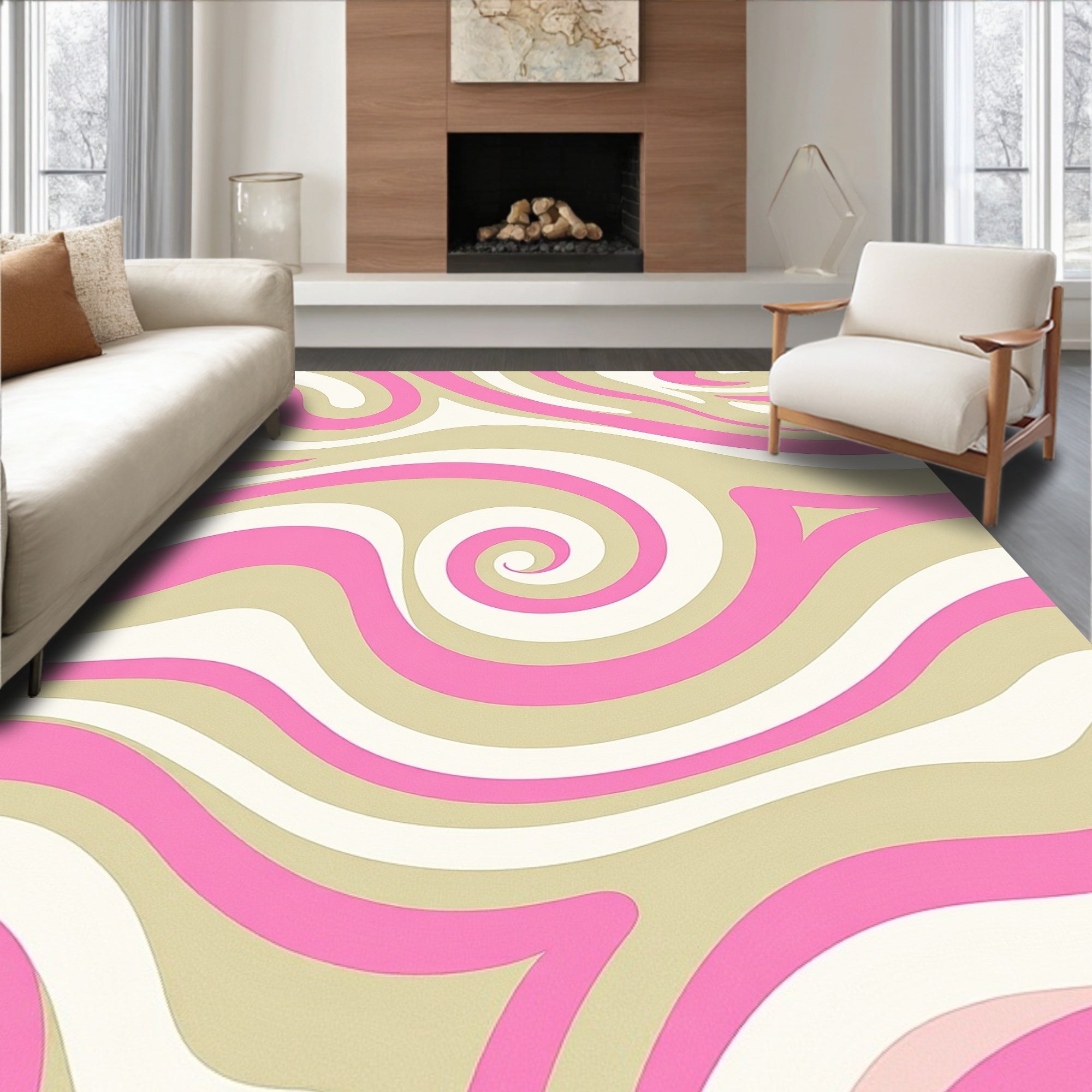 Retro Swirl Pink Beige White Rug