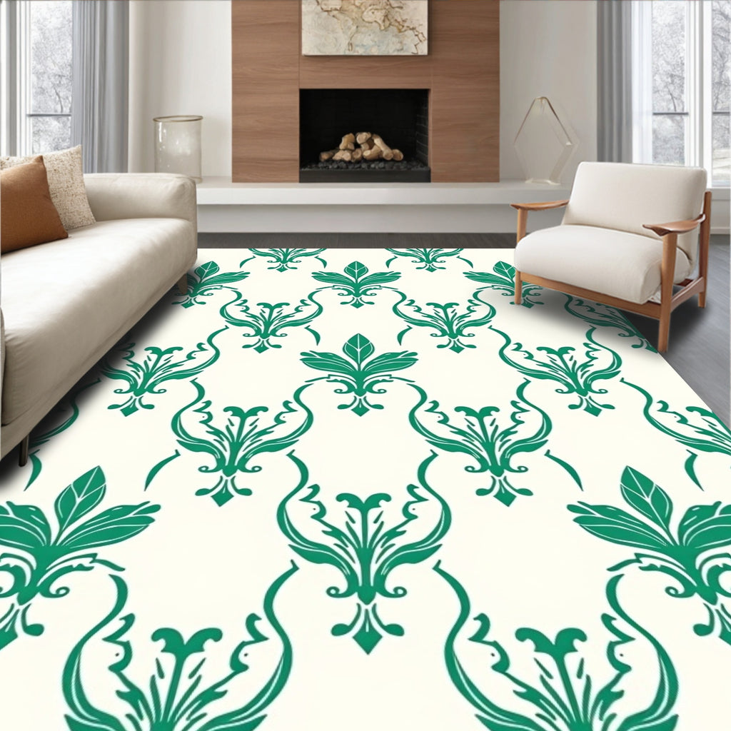 Classic Green Floral Damask Pattern Rug