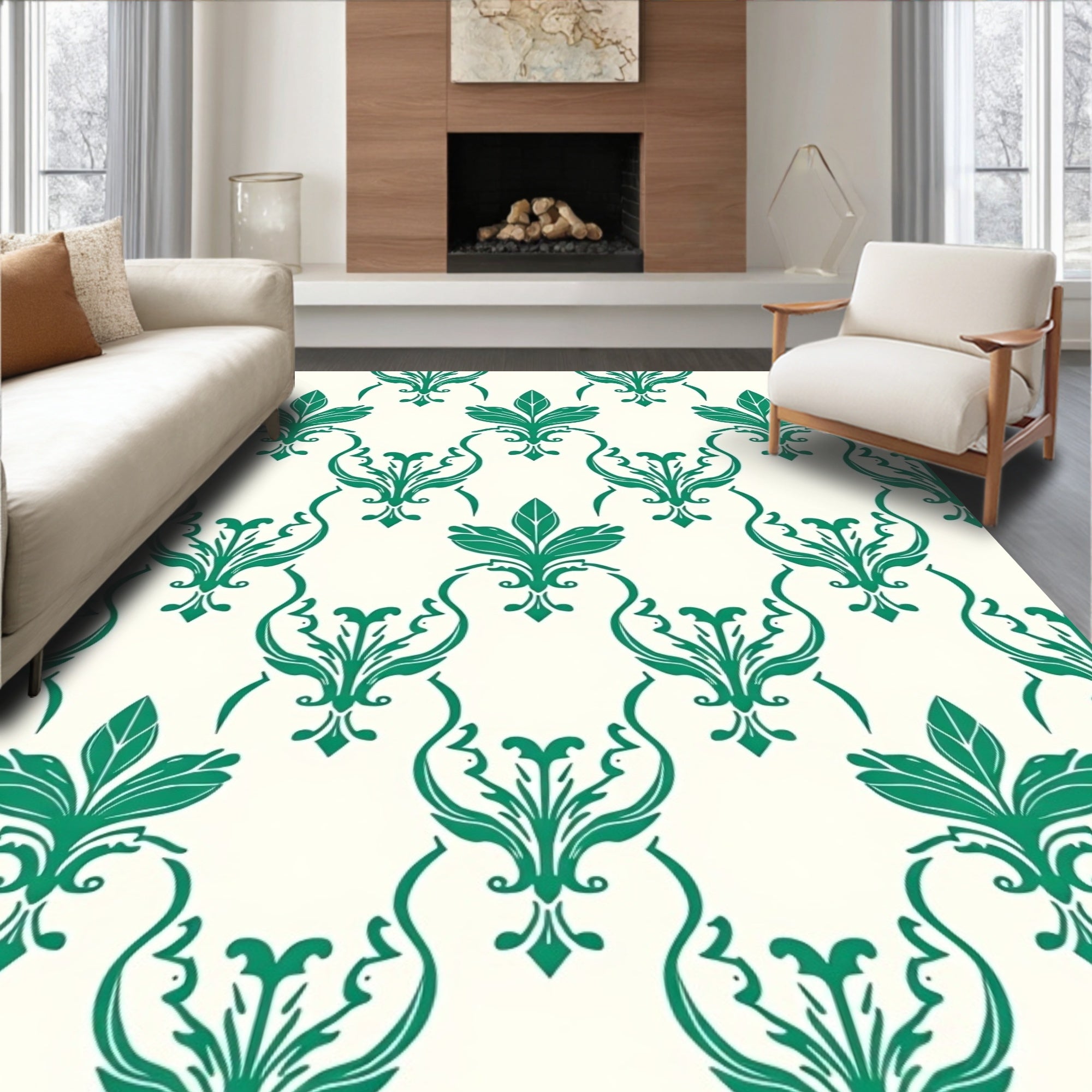 Classic Green Floral Damask Pattern Rug