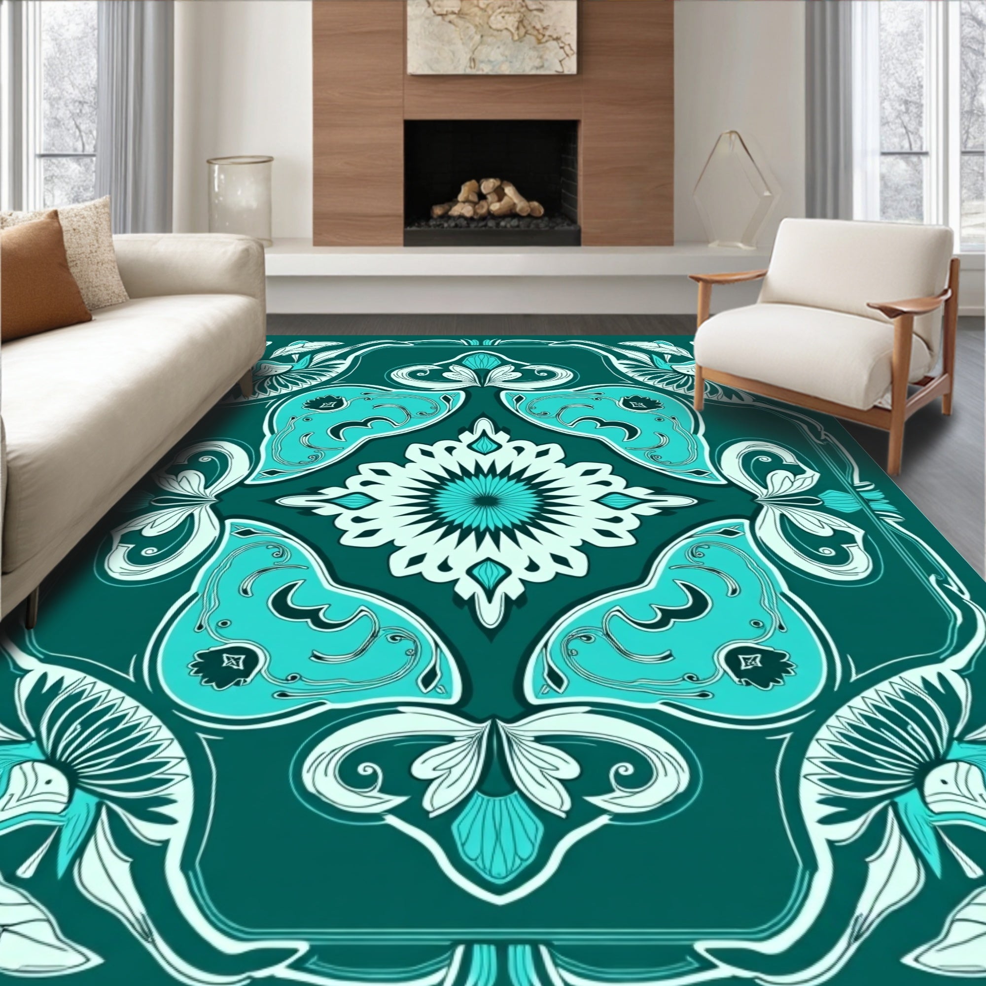 Art Nouveau Teal Floral Mandala Design Rug