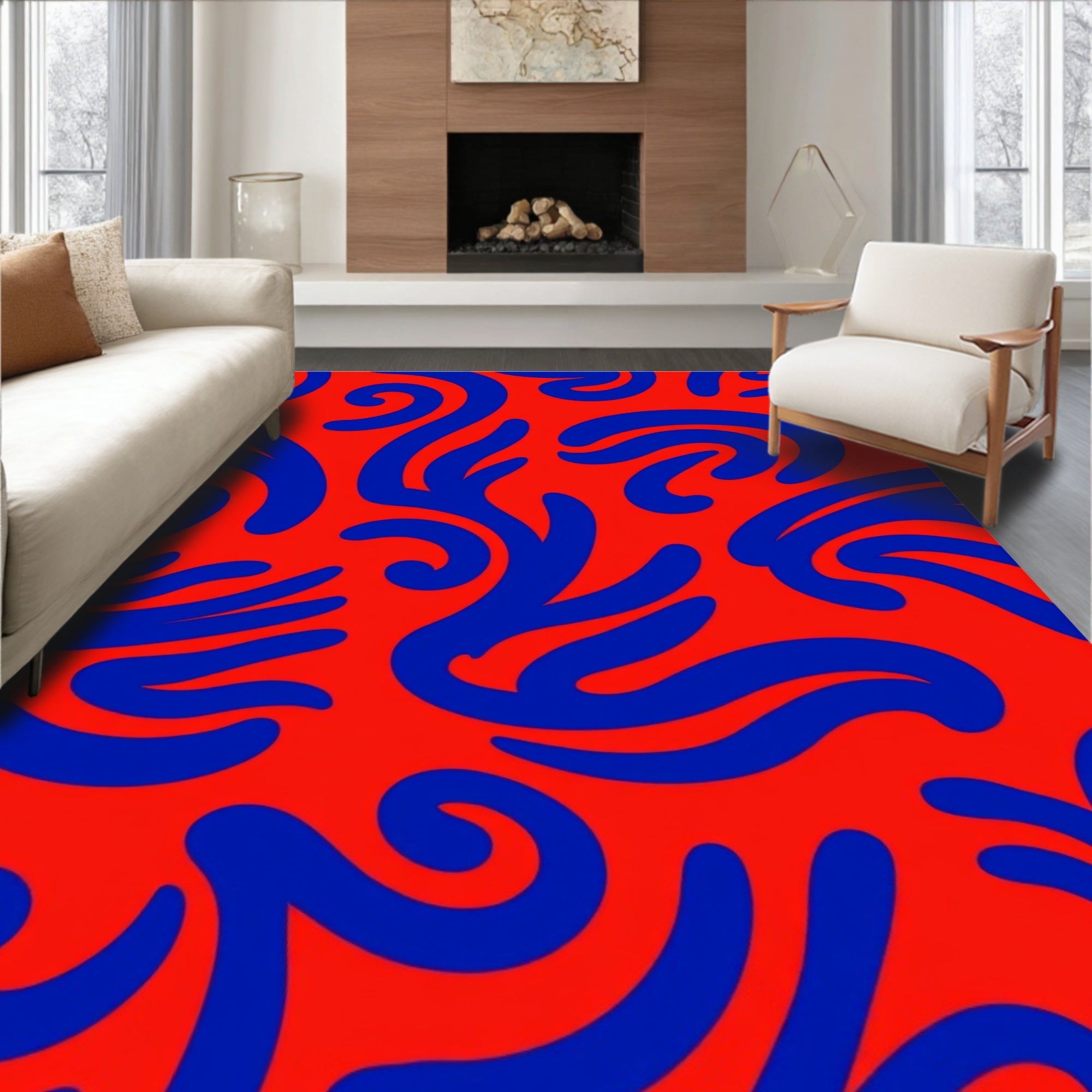 Curved Blue Shapes on Red Design Rug