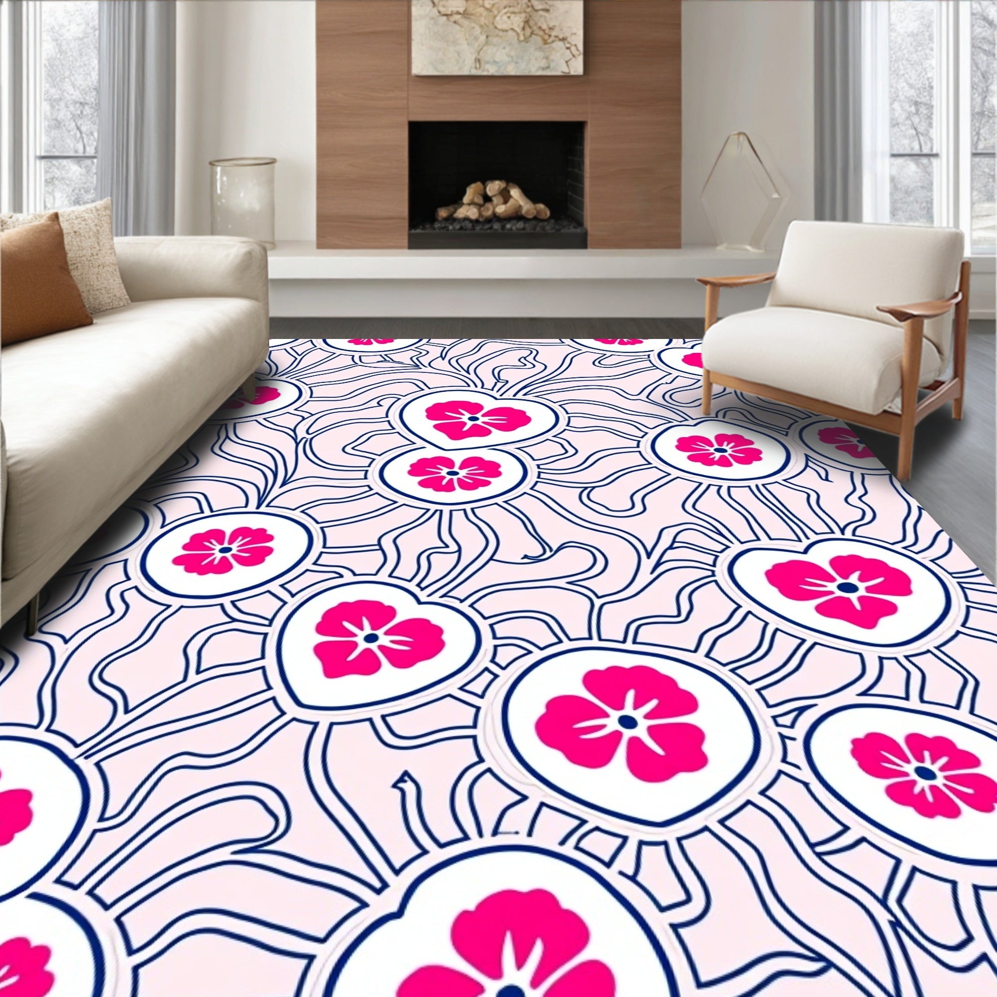 Pink Floral Heart Contour Pattern Rug